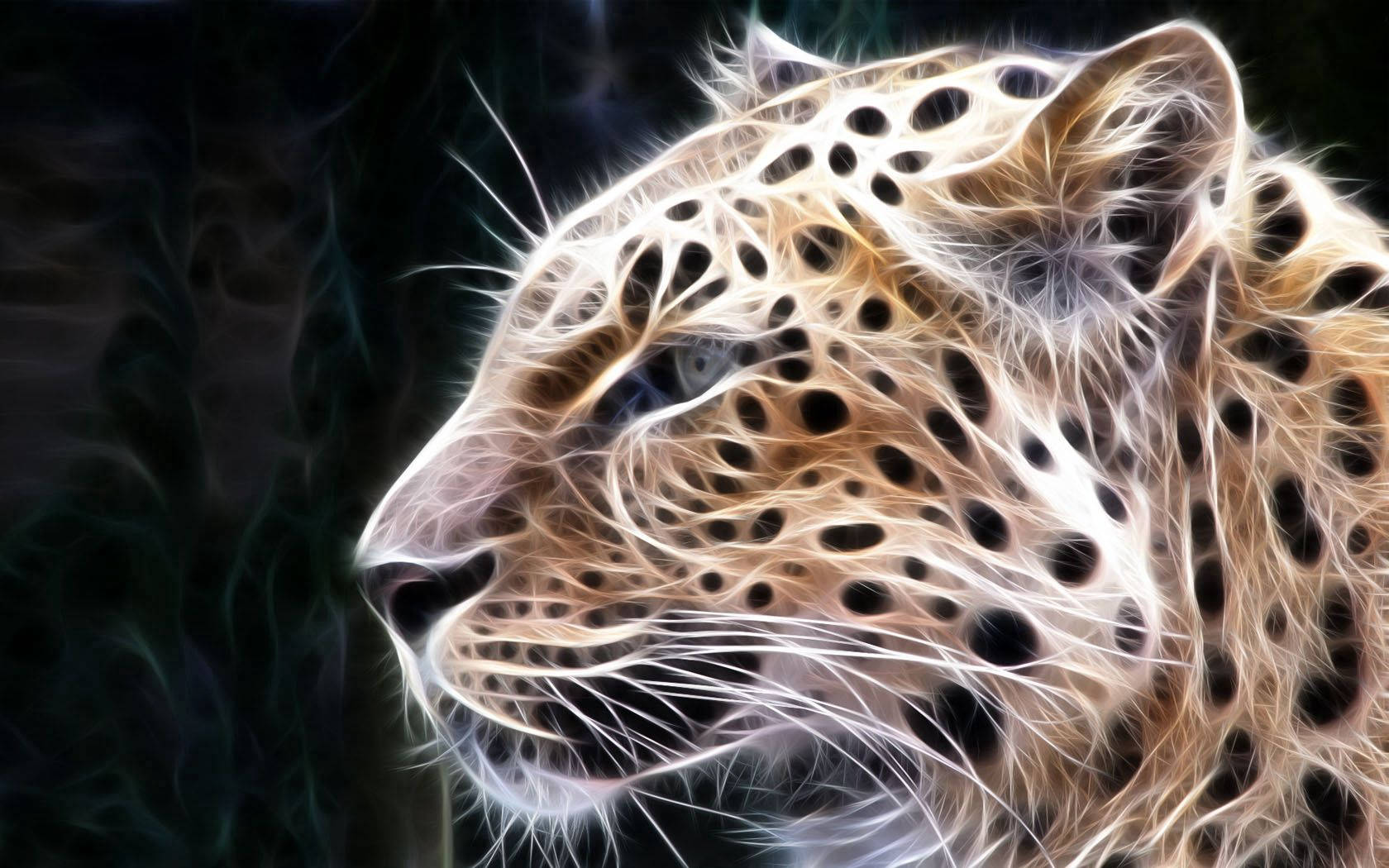 動物 桌布 壁紙 — 一個發光的數位藝術豹頭，帶有電光白色皮毛和深色斑點，背景為煙霧黑色。