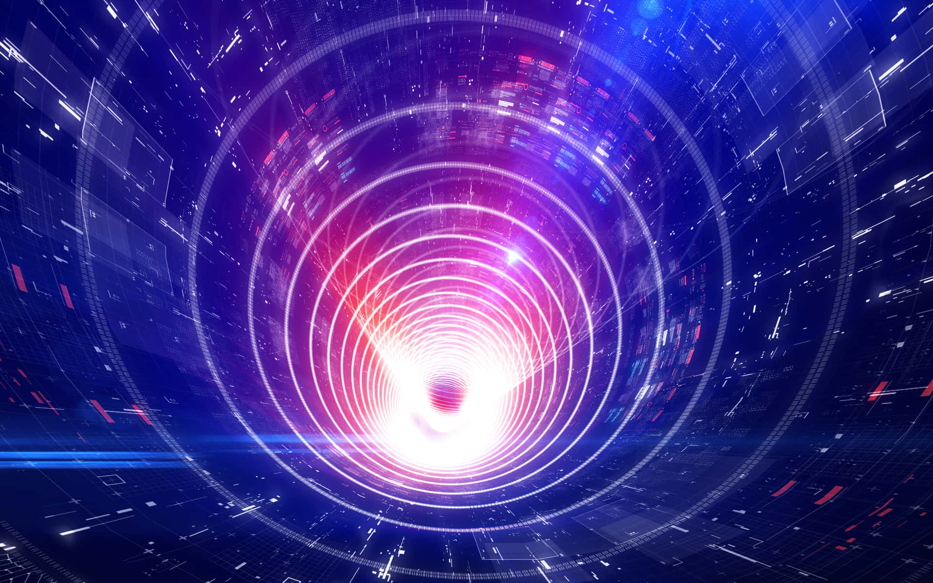Interstellar Travel 桌布 壁紙 — 一個發光的數位隧道，帶有粉紅色和白色光的同心環，在深藍色科技背景下退入明亮核心。