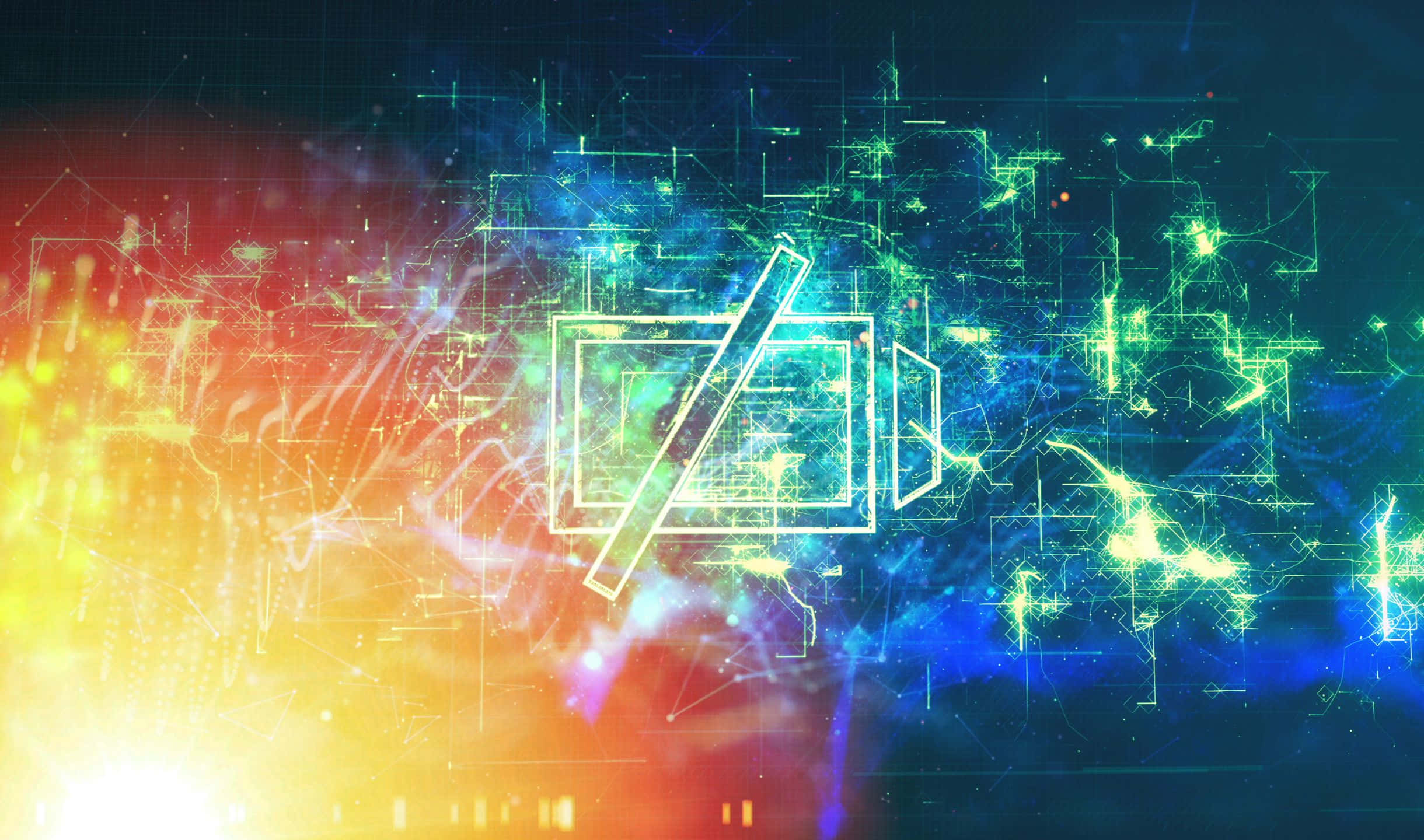 程式設計 桌布 壁紙 — 一個發光的數位電池圖標在充滿活力的霓虹電路中漂浮，背景是火橙色和電光藍的漸變。