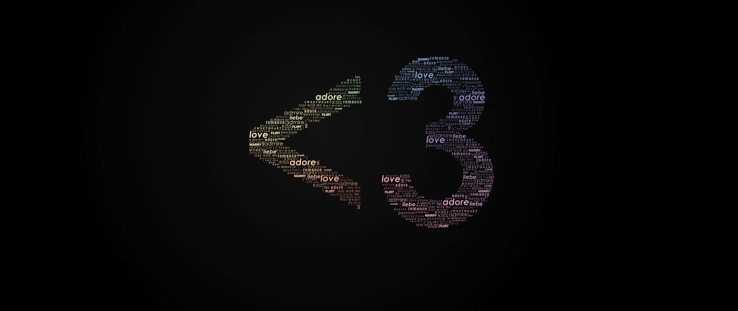 2560x1080 Minimal 桌布 壁紙 — 一個發光的數字33，由love和adore等詞語以漸變色調在黑色背景上形成。