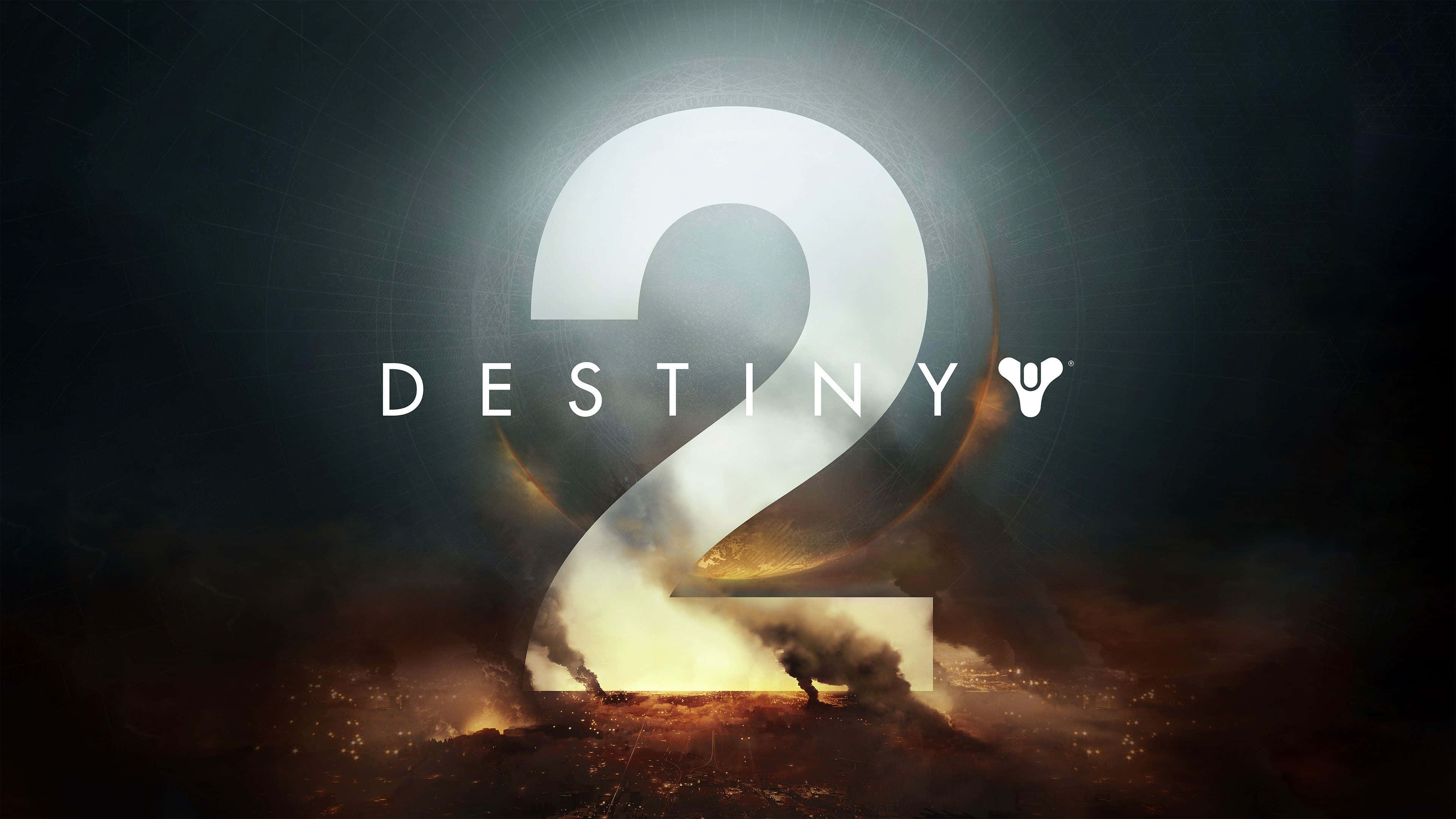 天命2 桌布 壁紙 — 一個發光的數字二，帶有「DESTINY」文字，從黑暗天空下的火熱戰場中浮現。