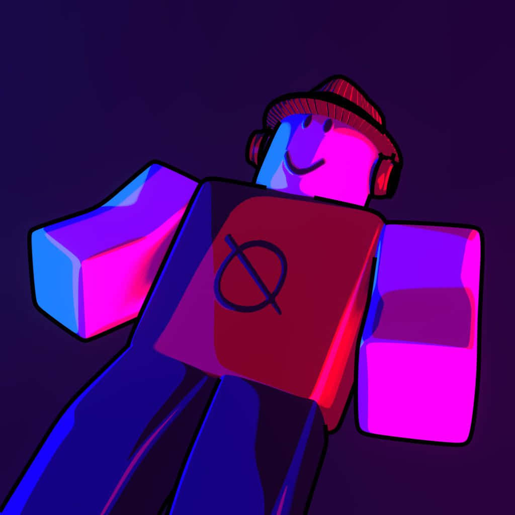 Roblox 桌布 壁紙 — 一個發光的方塊頭像，戴著紅色毛帽和耳機，在深紫色背景上散發出螢光粉紅和藍色色調。