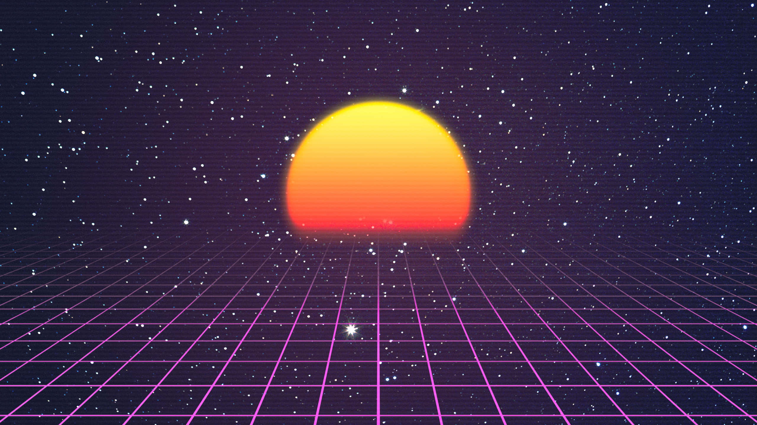 Retrowave 桌布 壁紙 — 一個發光的日落球體在帶有數位噪點的星空夜空下，在紫色網格上方升起。
