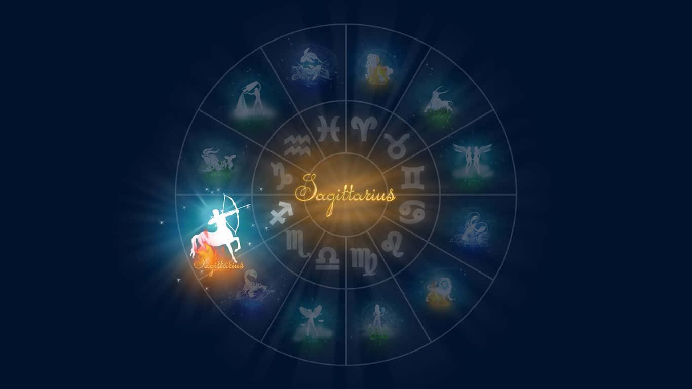 sagittarius 桌布 壁紙 — 一個發光的星座輪盤，射手座以耀眼的橙色在黑暗的宇宙背景中突出顯示。