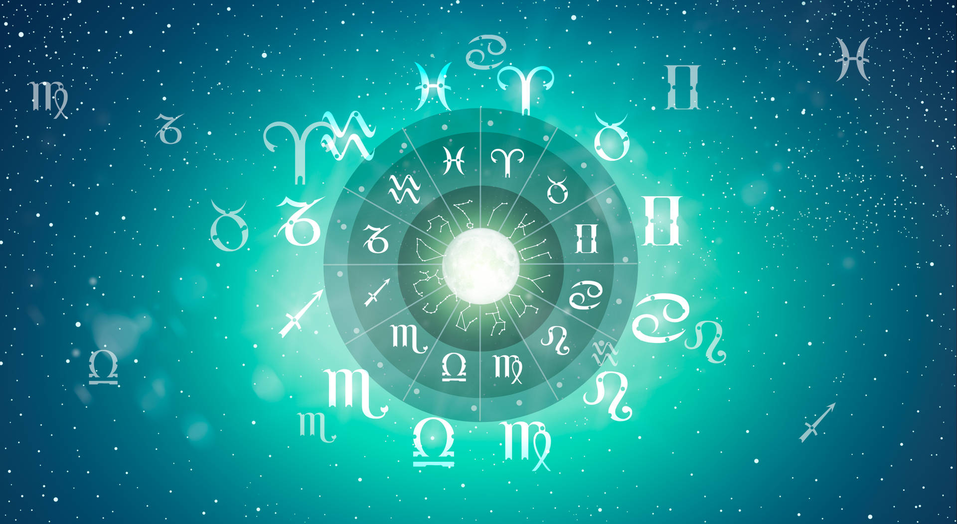 星座 桌布 壁紙 — 一個發光的星座輪盤帶有占星符號，在繁星點點的藍綠色宇宙背景中散發光芒。