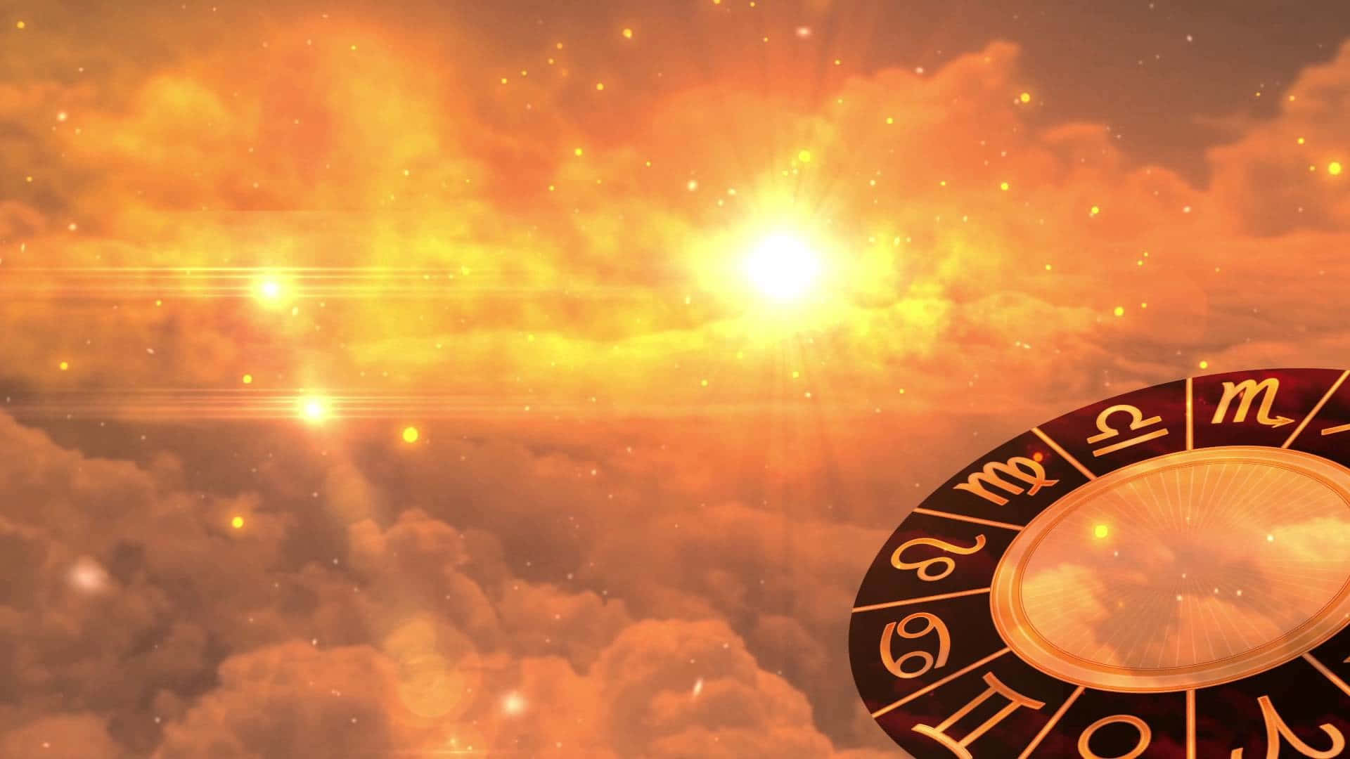 astrology 桌布 壁紙 — 一個發光的星座輪盤映襯著佈滿燦爛雲彩和閃爍星星的熾熱日落天空。