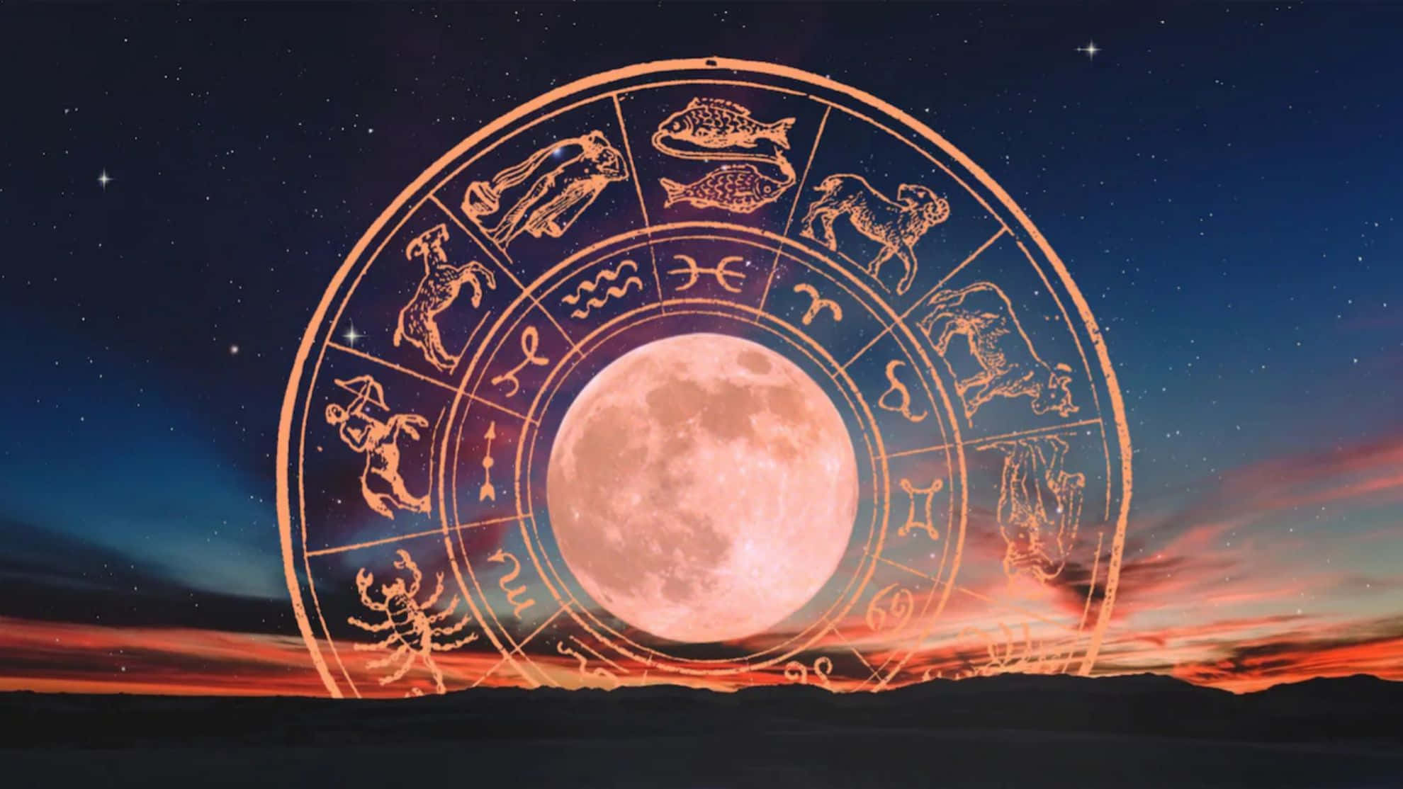 Zodiac Sign 桌布 壁紙 — 一個發光的星座輪覆蓋在滿月上，滿月在星空下從熾熱的日落地平線升起。