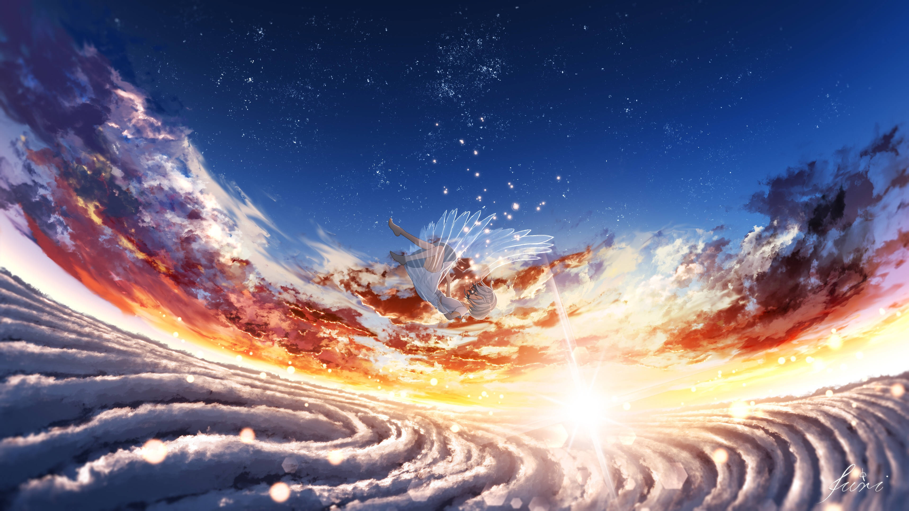 天使 桌布 壁紙 — 一個發光的有翼人物在星夜暮色下翱翔在旋轉的雲海之上。
