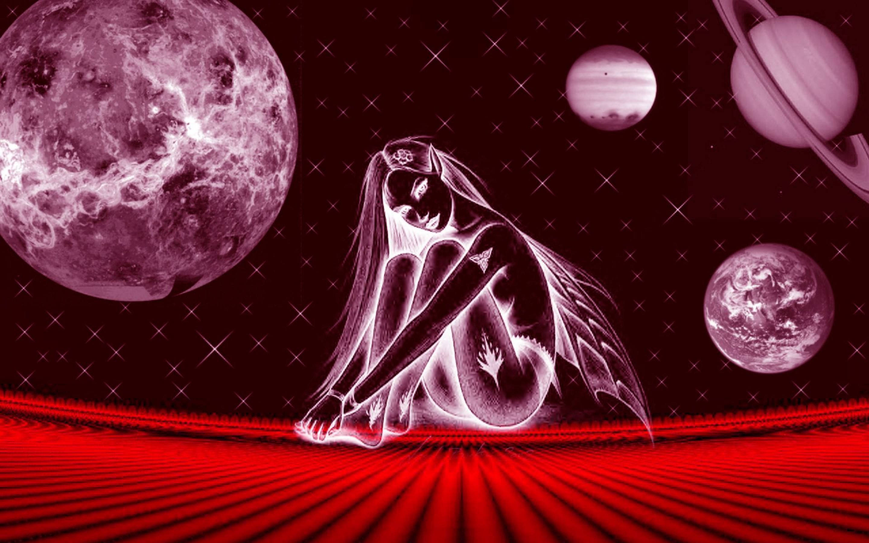 zodiac 桌布 壁紙 — 一個發光的有翼人物坐在紅色條紋地板上，下方是有行星和彎月的星空。