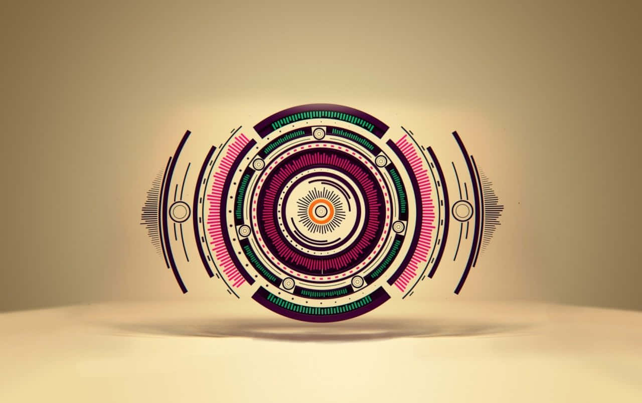 Circle 桌布 壁紙 — 一個發光的未來感圓形介面，帶有同心圓環和霓虹色調，懸浮在柔和的米色背景上。