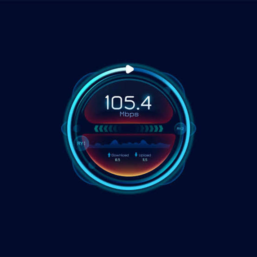 fast 桌布 壁紙 — 一個發光的未來感圓形介面在深藍色背景上顯示 105.4 Mbps 的下載和上傳速度。