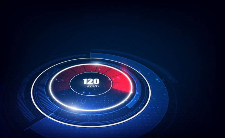 Speedtest 桌布 壁紙 — 一個發光的未來感速度計顯示120公里/小時，背景為深藍色數位背景，帶有霓虹燈亮點。