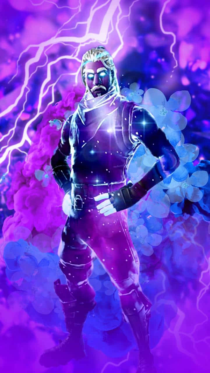 Fortnite 桌布 壁紙 — 一個發光的未來戰士站在紫色閃電和宇宙花朵之中，構成充滿活力的數位場景。