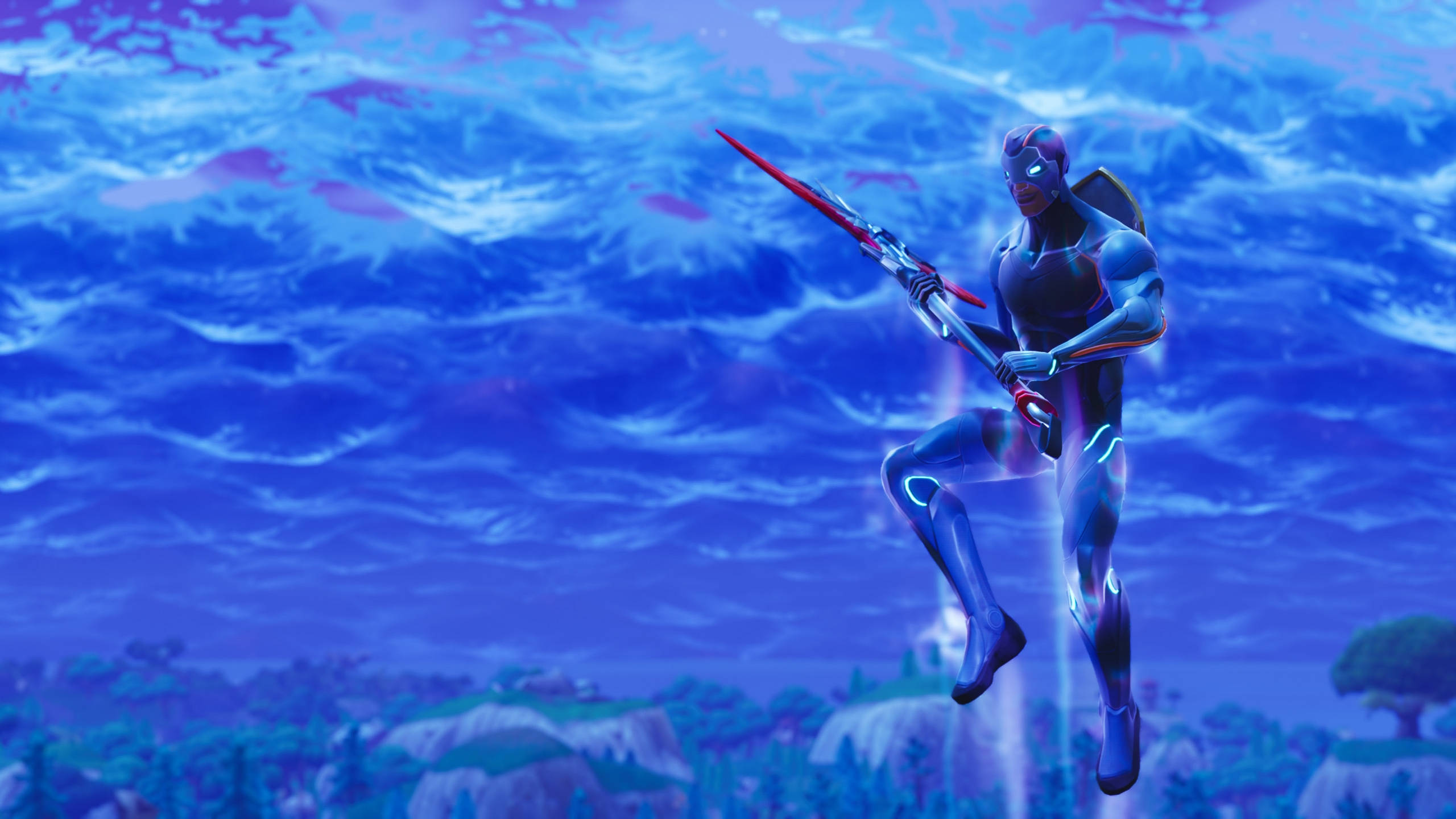 Fortnite 桌布 壁紙 — 一個發光的未來戰士跳過旋轉的藍色天空，手持紅色能量劍，下方是遙遠的風景。
