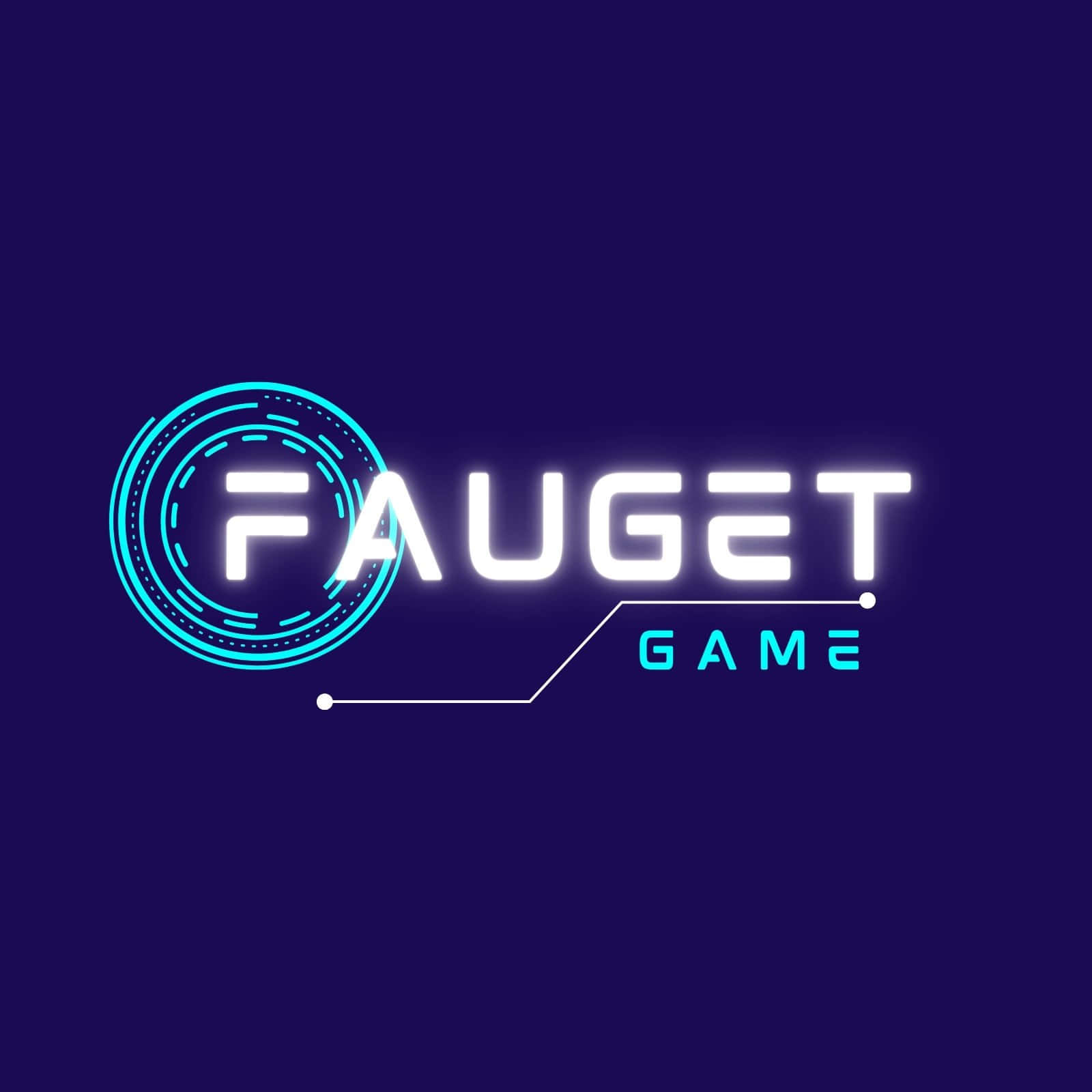 遊戲 桌布 壁紙 — 一個發光的未來風格標誌，用於「FAUGET GAME」，在深紫色背景上帶有霓虹藍色和白色文字。