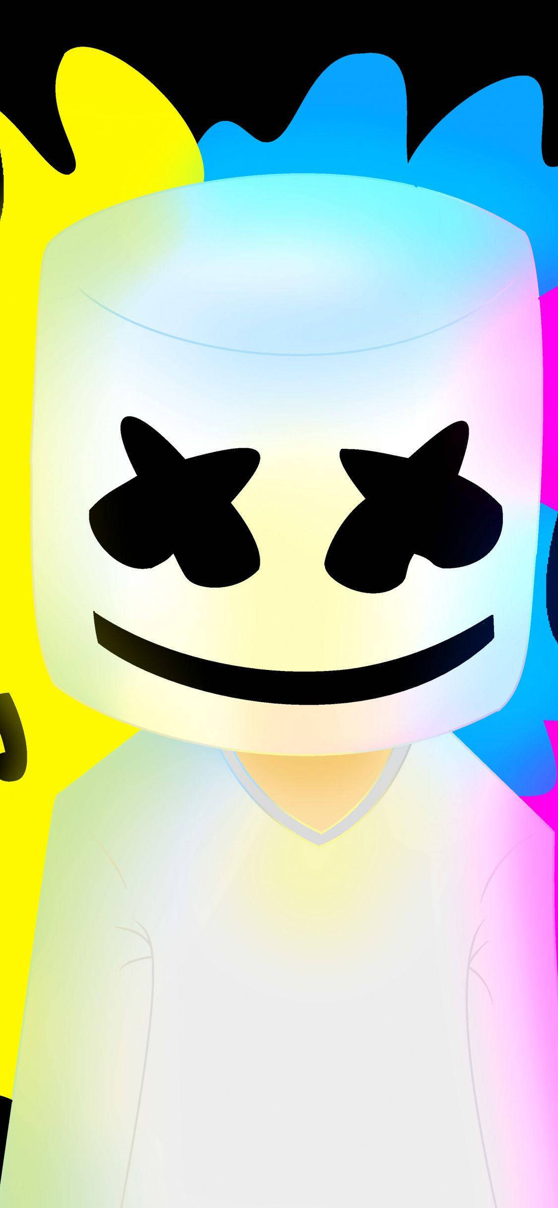 marshmello iPhone 桌布 壁紙 — 一個發光的棉花糖人，帶著微笑的臉和星星眼睛，站在充滿活力的彩虹潑色背景前。