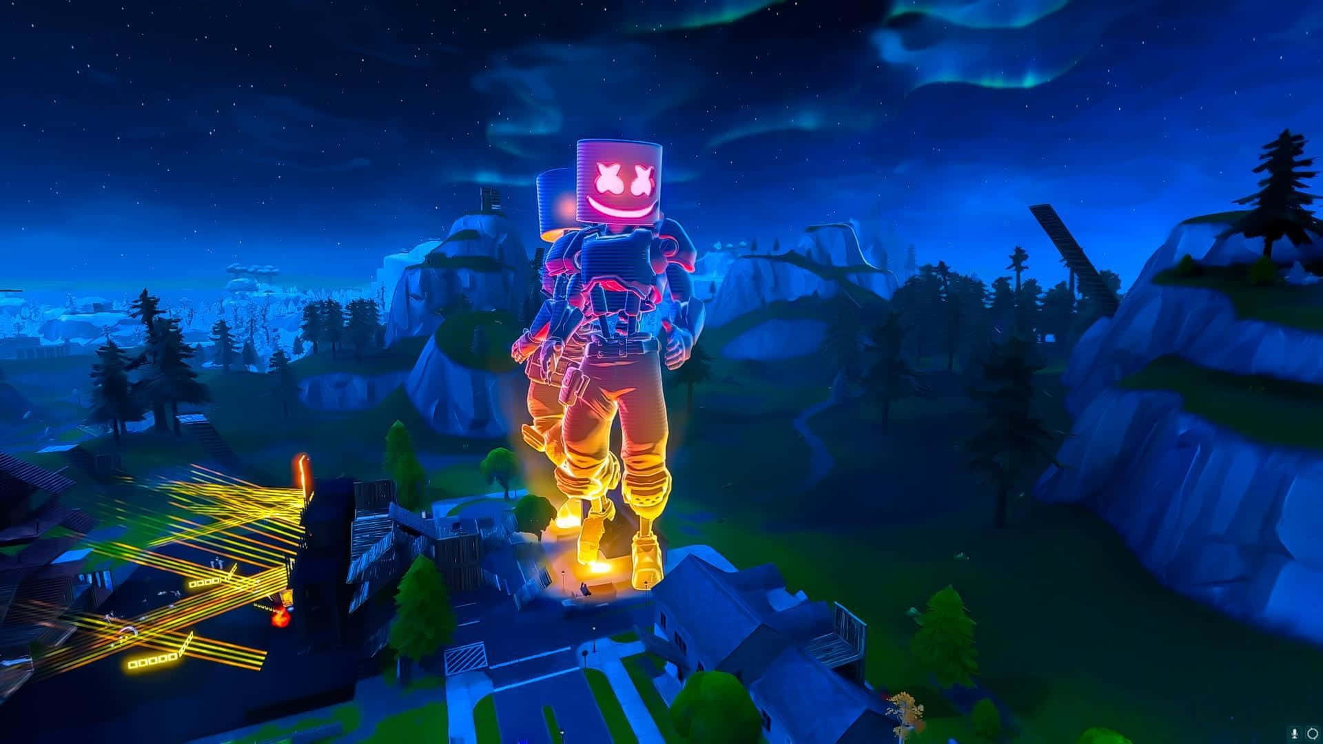 Fortnite Marshmello 桌布 壁紙 — 一個發光的棉花糖角色在夜晚站在山丘上，處於充滿活力的遊戲景觀中，有極光天空和霓虹軌跡。