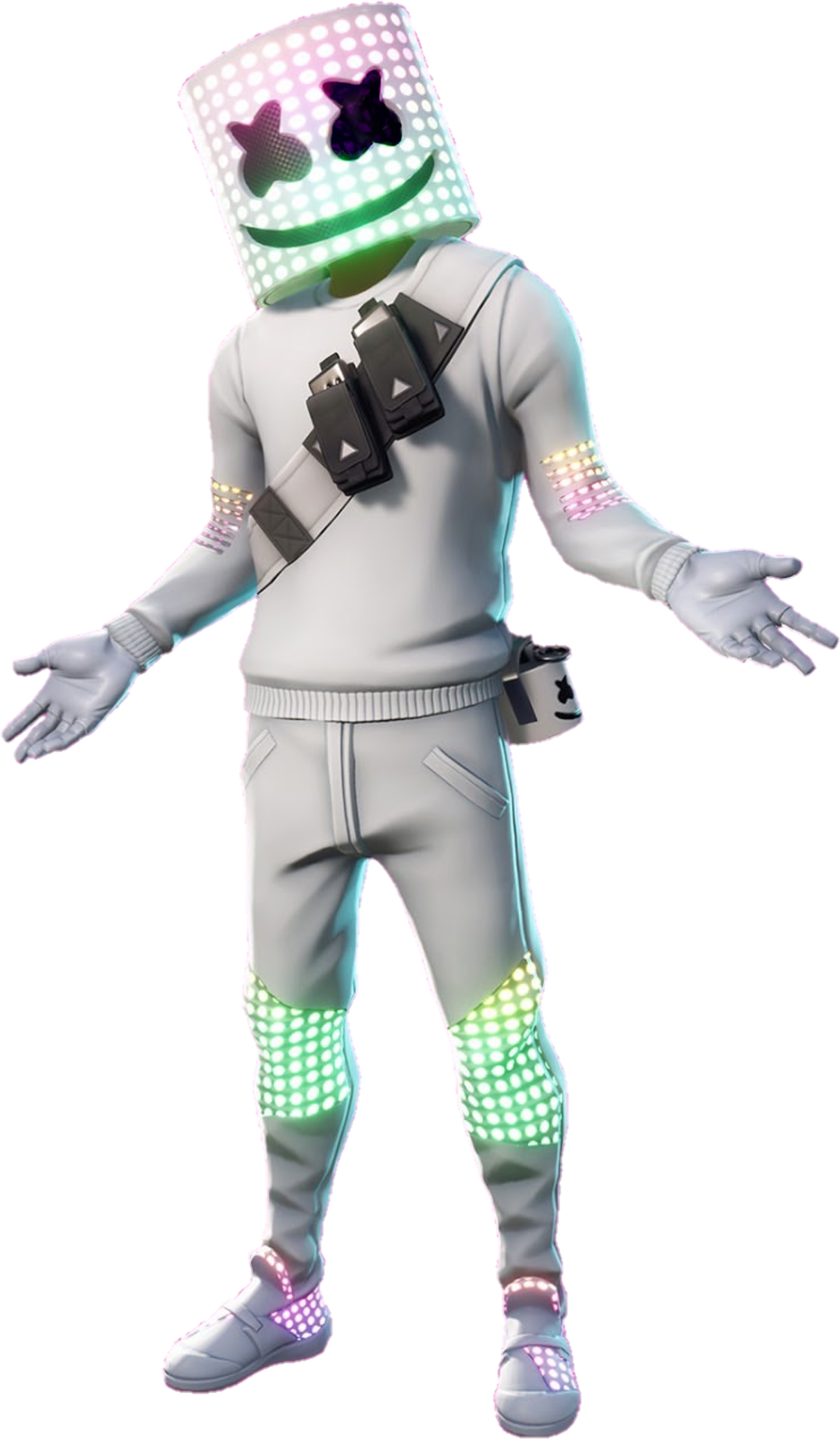Marshmello 動態圖 桌布 壁紙 — 一個發光的棉花糖頭DJ，身穿白色服裝，四肢和臉部有霓虹燈，背景為黑色。