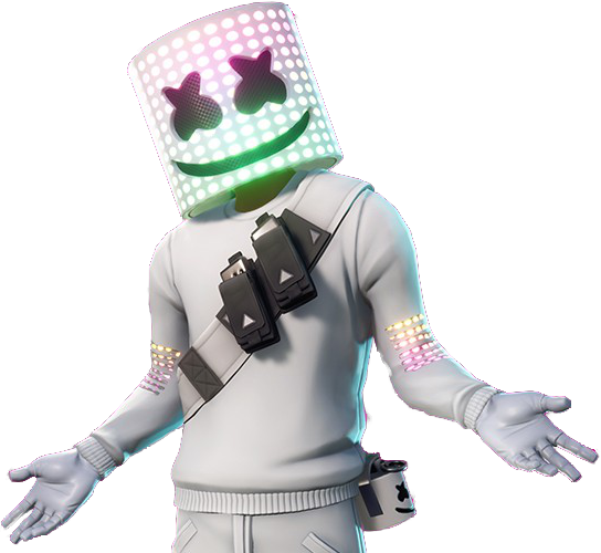 Marshmello 動態圖 桌布 壁紙 — 一個發光的棉花糖頭DJ，身穿白色服裝，帶有霓虹色點綴，在黑色背景上露出燦爛的笑容。