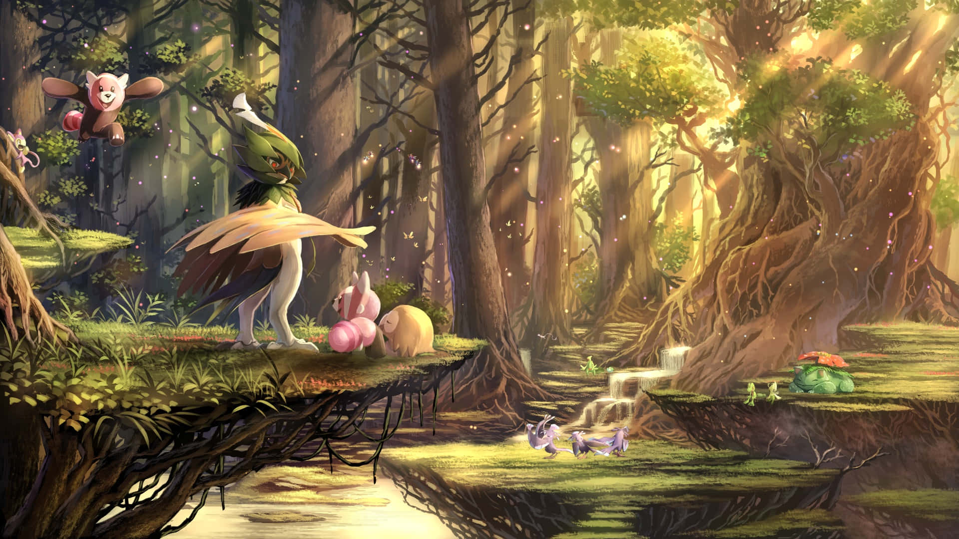 Pokemon Landscape 桌布 壁紙 — 一個發光的森林場景，有動畫生物和瀑布，沐浴在透過古老樹木過濾的金色陽光中。