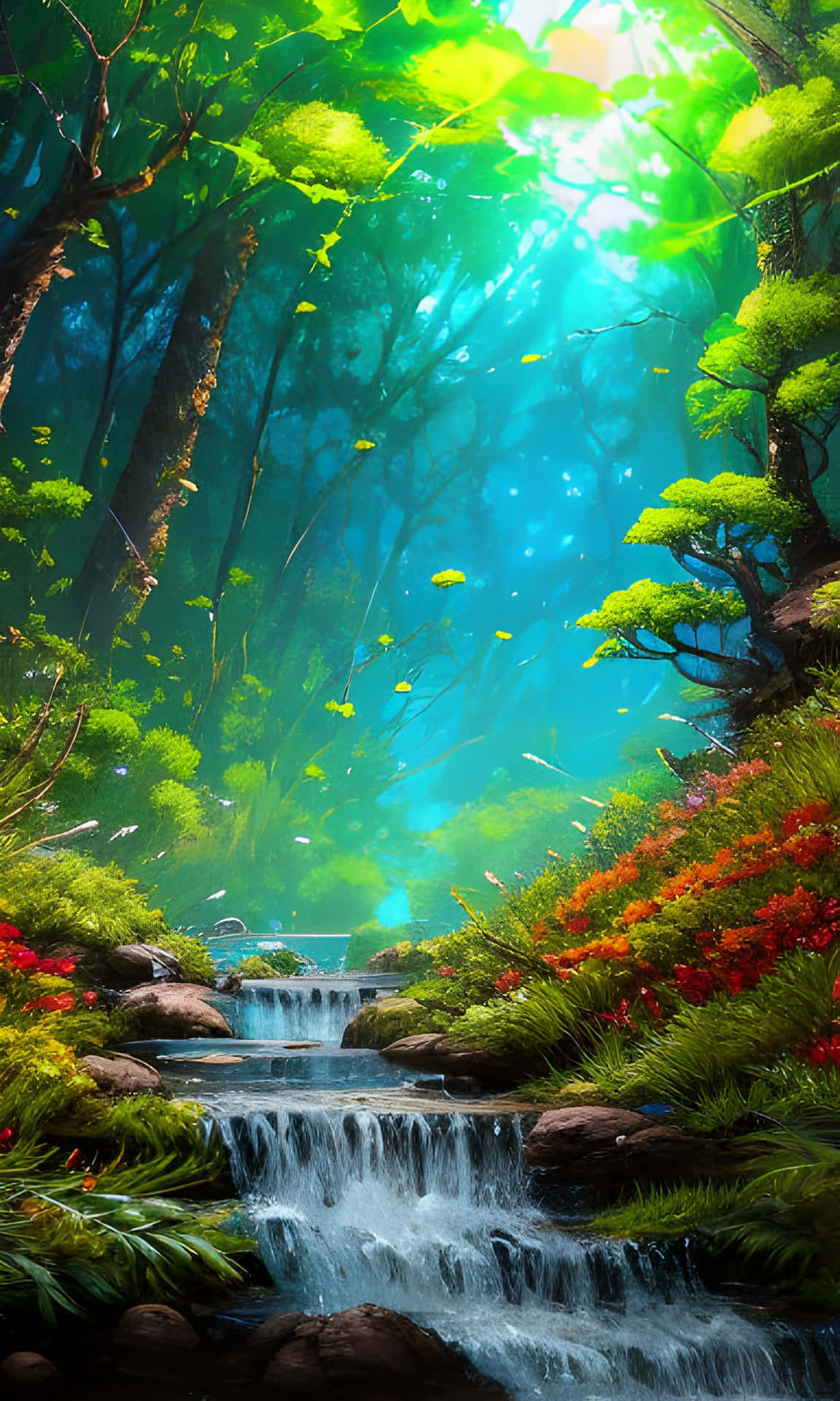 Beautiful Forest river landscape 壁紙 — 一個發光的森林瀑布穿過長滿苔蘚的岩石，在發光的綠色樹葉樹冠下，陽光傾瀉而下。