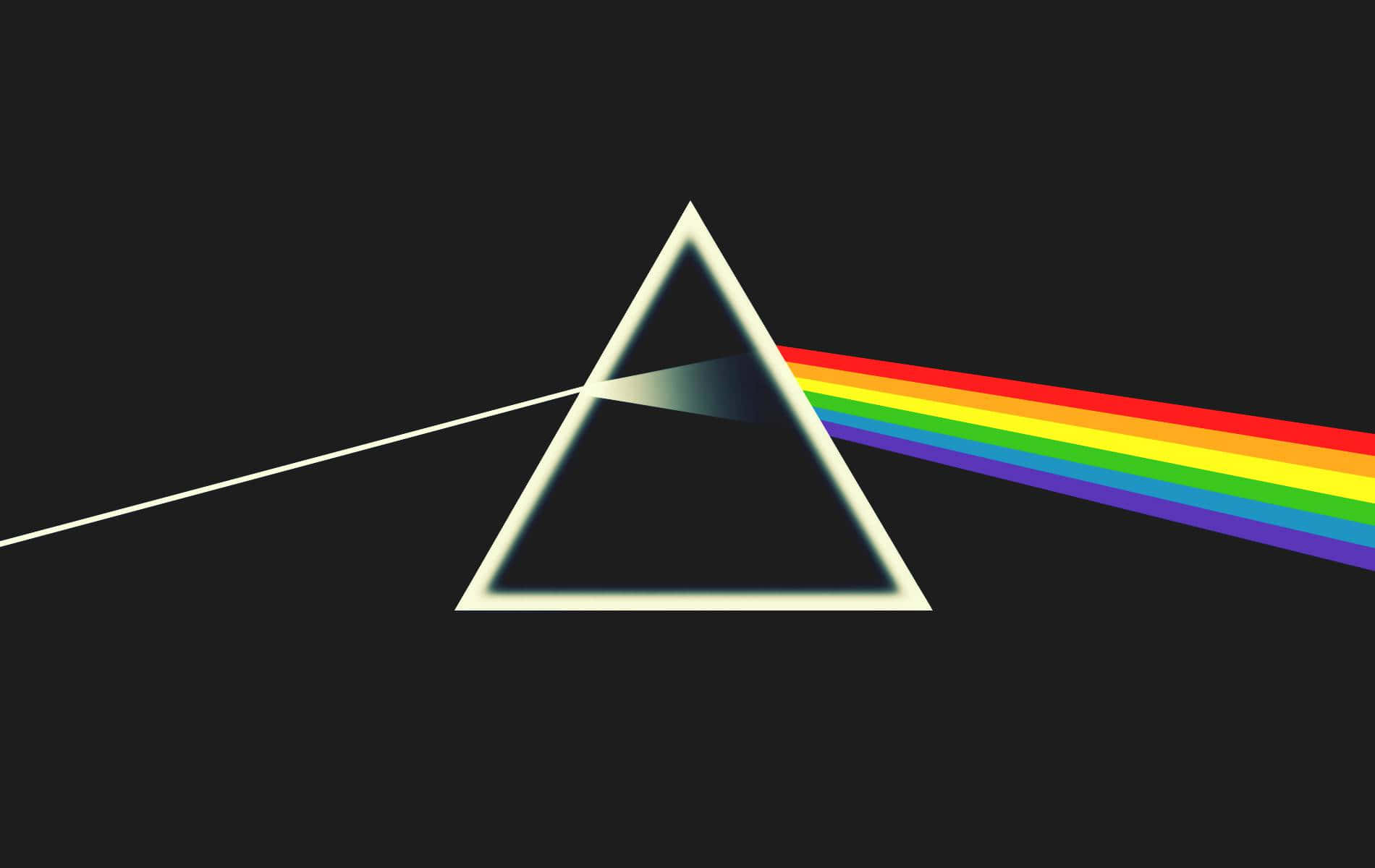 Dark Side Of The Moon 桌布 壁紙 — 一個發光的棱鏡將白色光束分裂成一個鮮豔的彩虹光譜，背景為黑色。