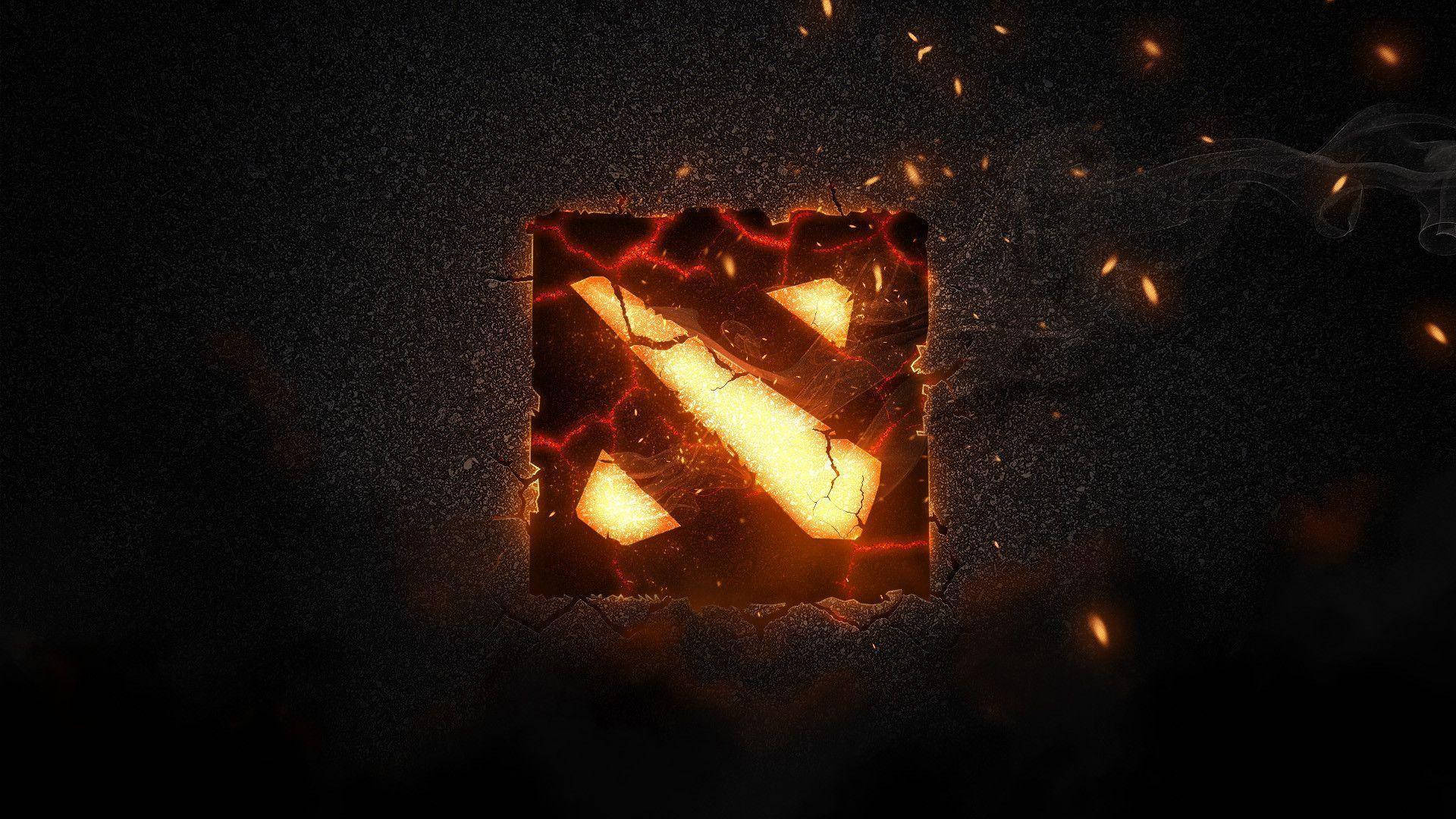 Dota 2 Desktop 桌布 壁紙 — 一個發光的橙紅色風格化 'D' 標誌從破裂的黑暗表面中噴出，伴隨著飛舞的火花和煙霧。