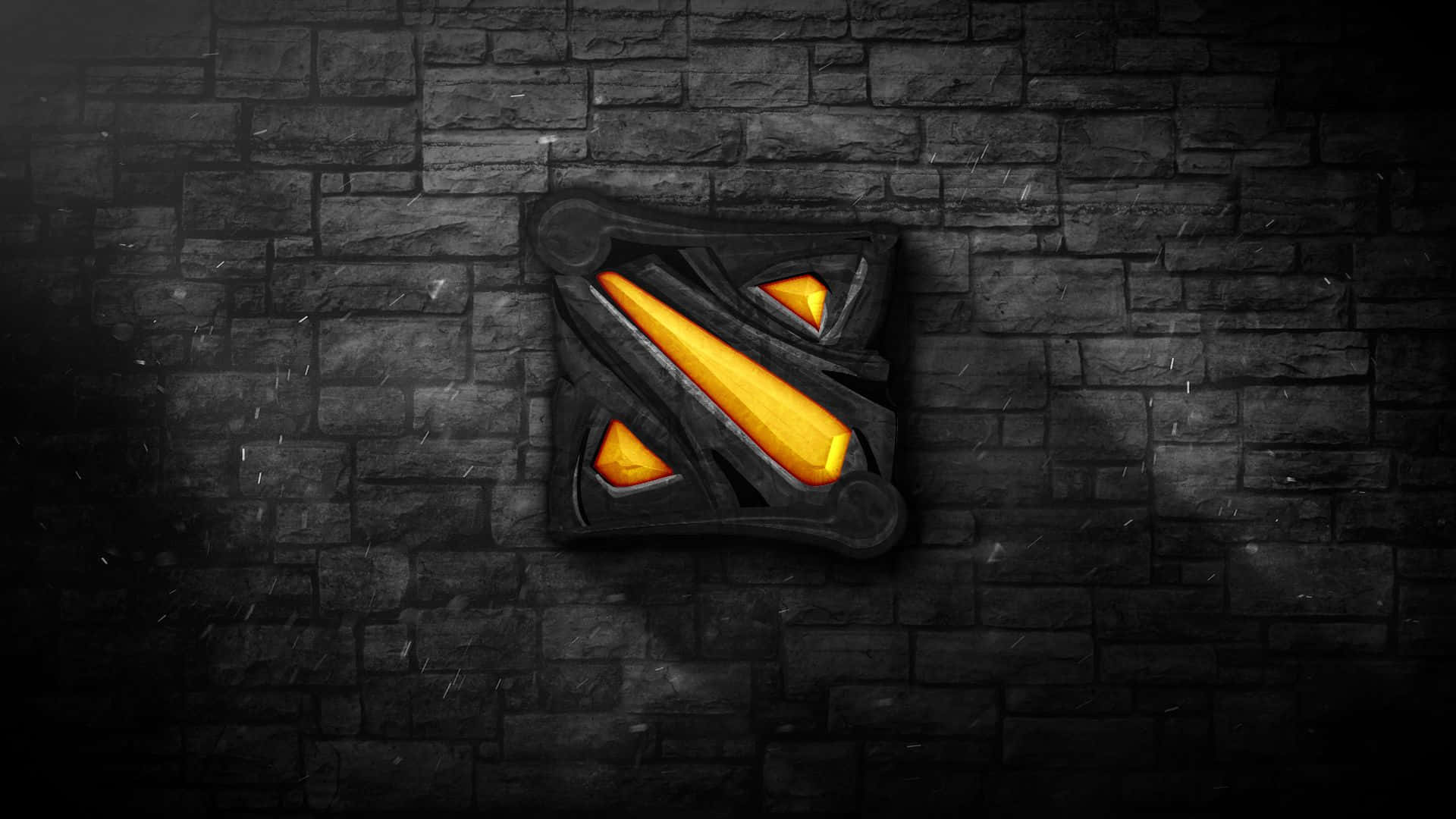 HD Dota 2 桌布 壁紙 — 一個發光的橙色 Dota 2 標誌嵌入在黑暗的石磚牆上，帶有戲劇性的燈光效果。