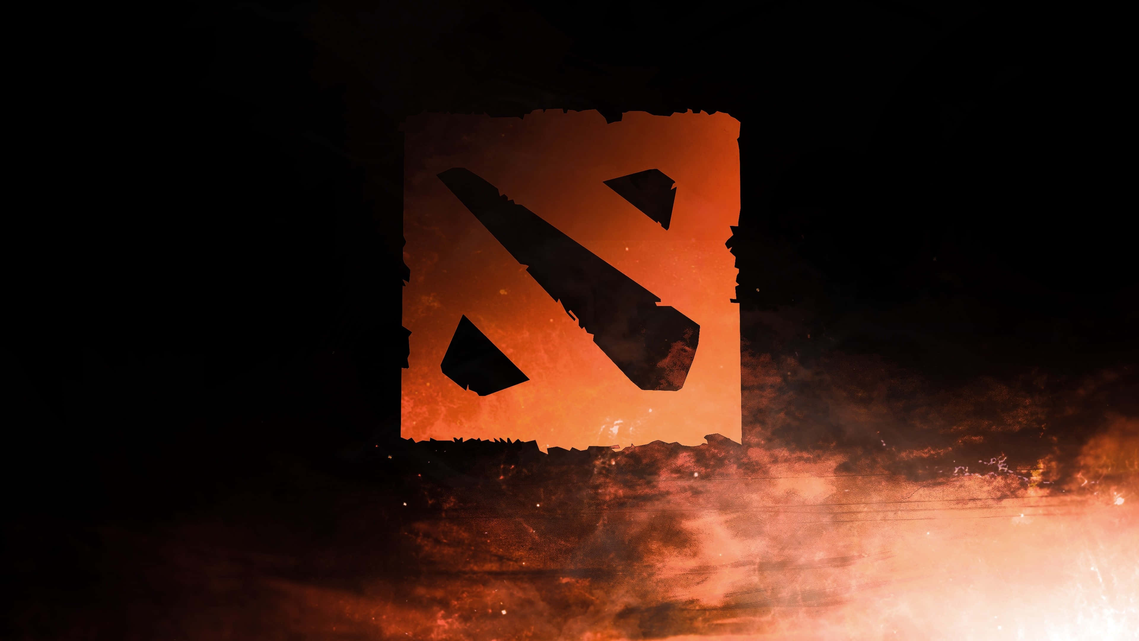 4K 桌布 壁紙 — 一個發光的橙色 Dota 2 標誌從火焰煙霧中浮現，背景為深色。