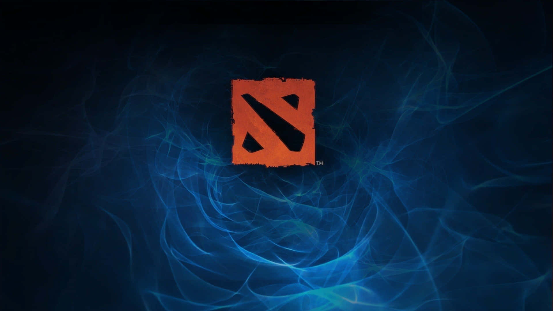 Mobile Gaming 桌布 壁紙 — 一個發光的橙色 Dota 2 標誌，在深色背景上以旋轉的藍色能量為中心。