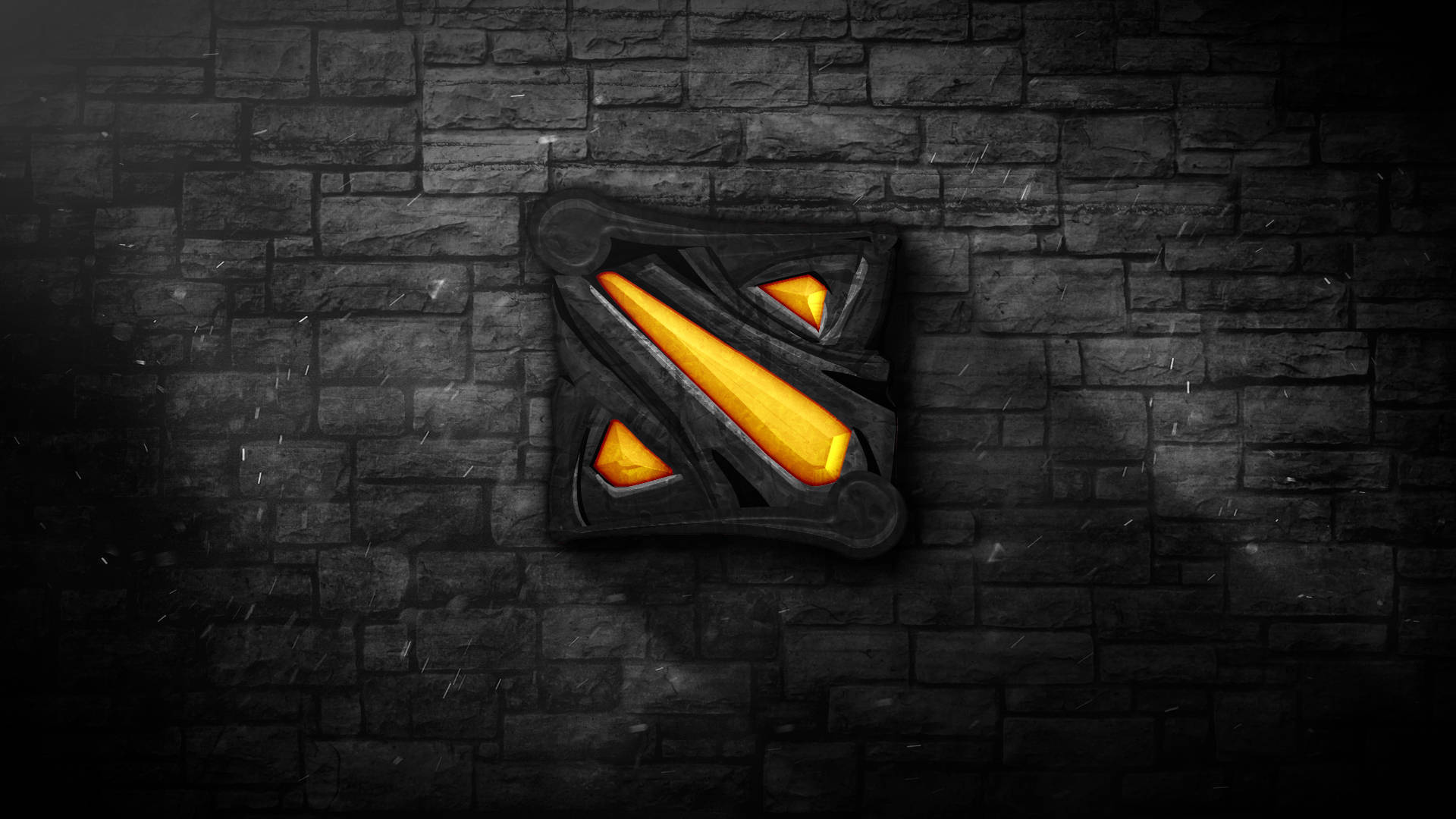 Dota 2 Desktop 桌布 壁紙 — 一個發光的橙色 Dota 2 標誌嵌入在帶有微妙燈光效果的深色石牆中。