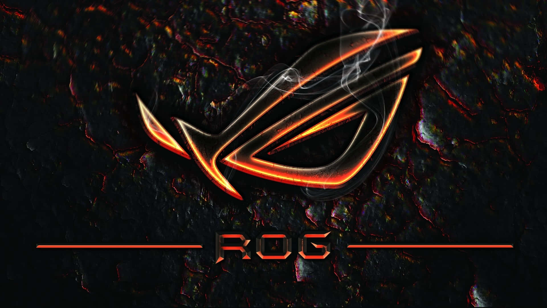 玩家共和國 桌布 壁紙 — 一個發光的橙色 ROG 標誌，帶有煙霧效果，背景是黑暗、裂開的熔岩狀。