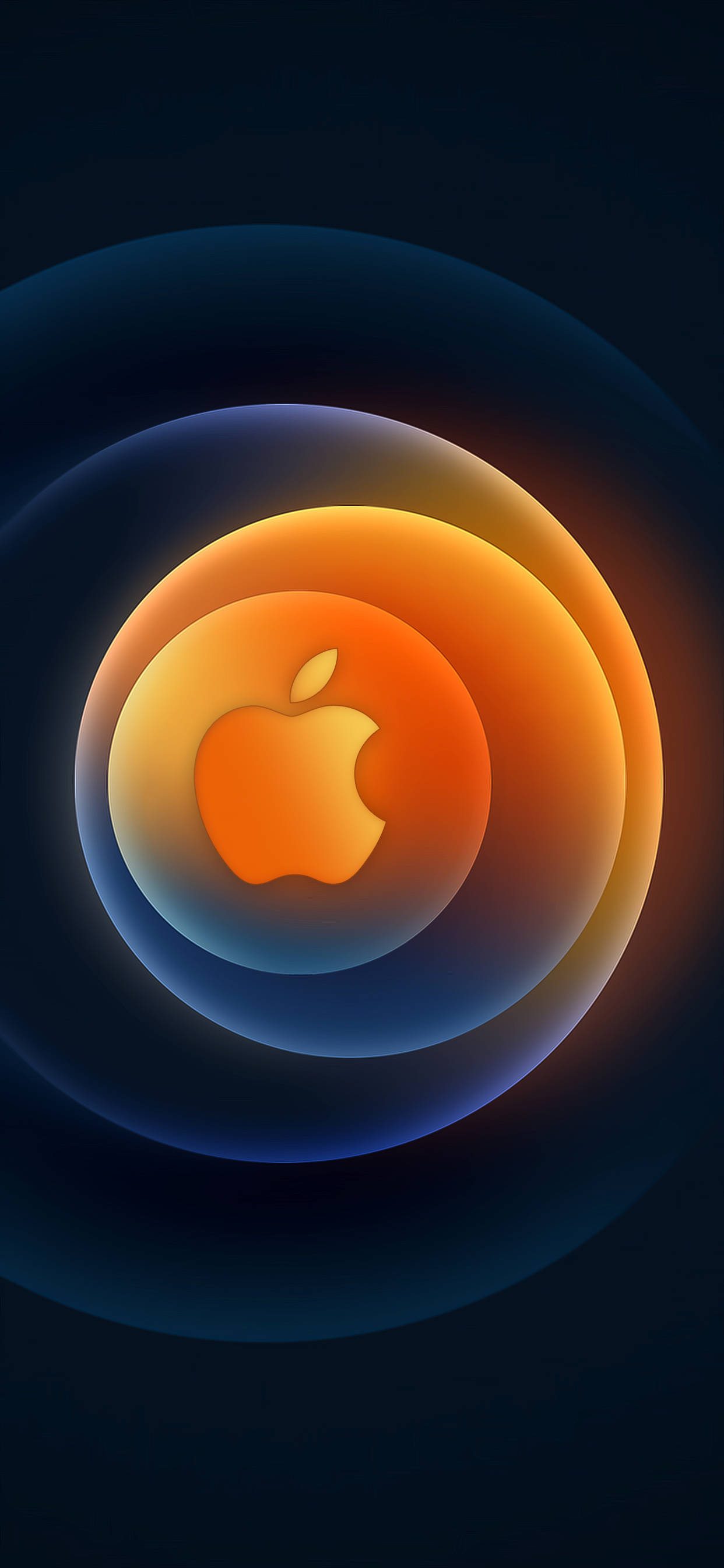 蘋果 桌布 壁紙 — 一個發光的橙色Apple標誌，居中於深藍色漸變背景上的同心半透明環中。