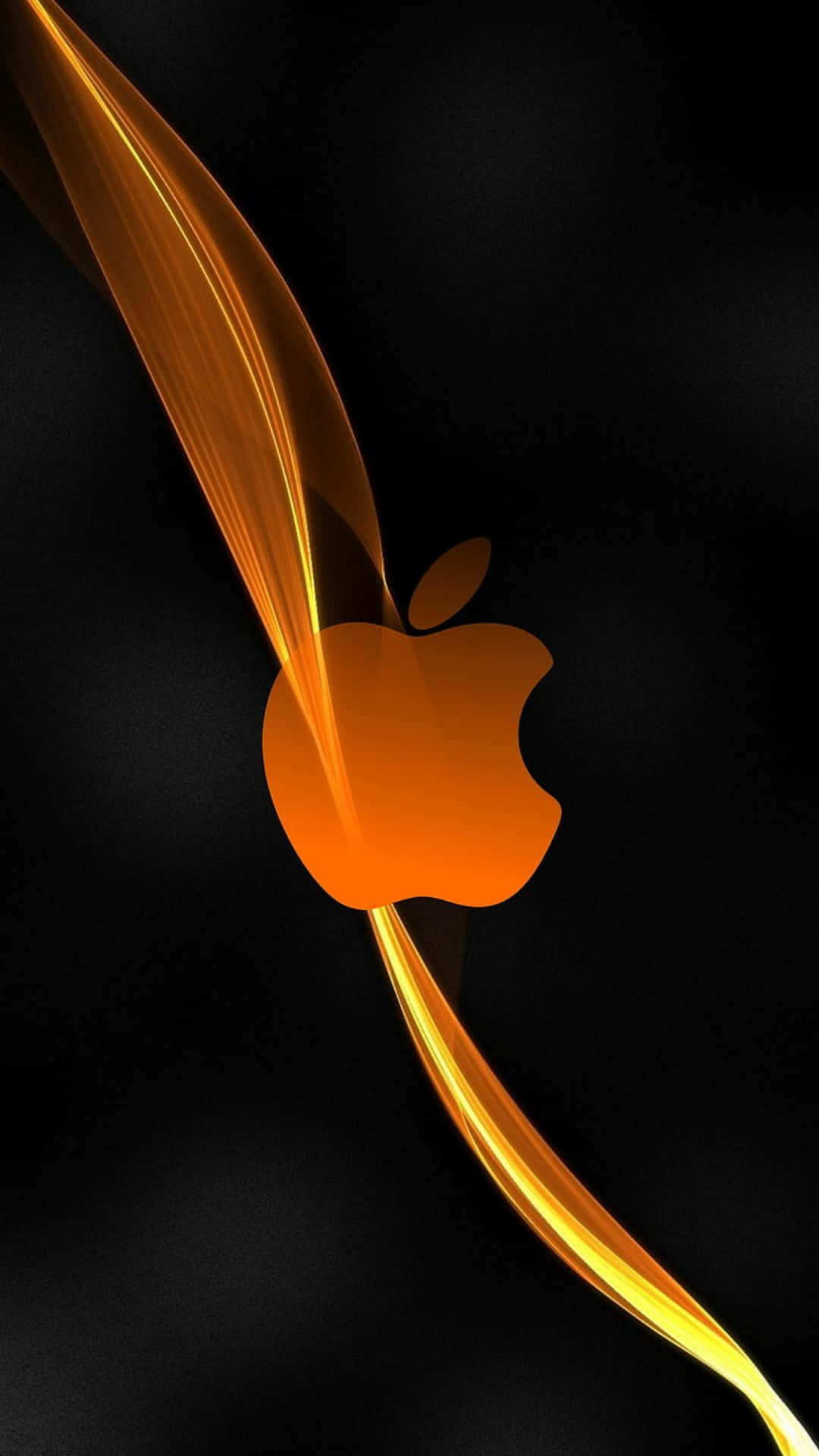 蘋果 桌布 壁紙 — 一個發光的橙色Apple標誌在深黑色背景上流動，帶有動態的光跡。