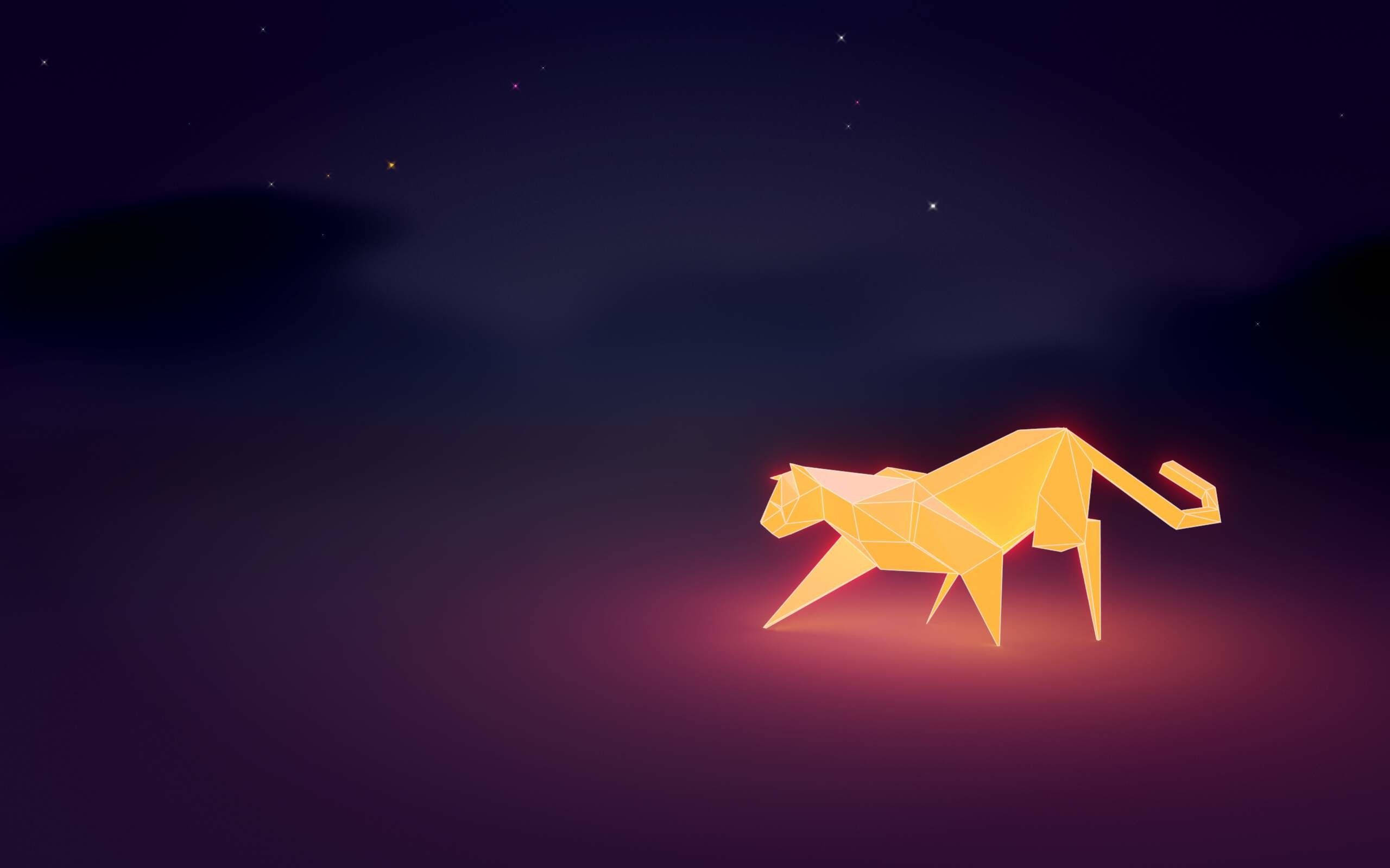 ubuntu 桌布 壁紙 — 一個發光的橙色低多邊形貓剪影在星光點點的紫色夜空下漫步，帶有柔和環境光。
