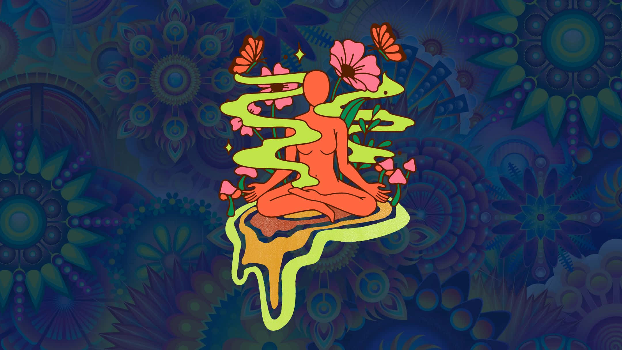 酷 桌布 壁紙 — 一個發光的橙色冥想人物坐在綠色流動的底座上，周圍環繞著粉紅色的花朵，背景是深藍色的曼陀羅圖案。