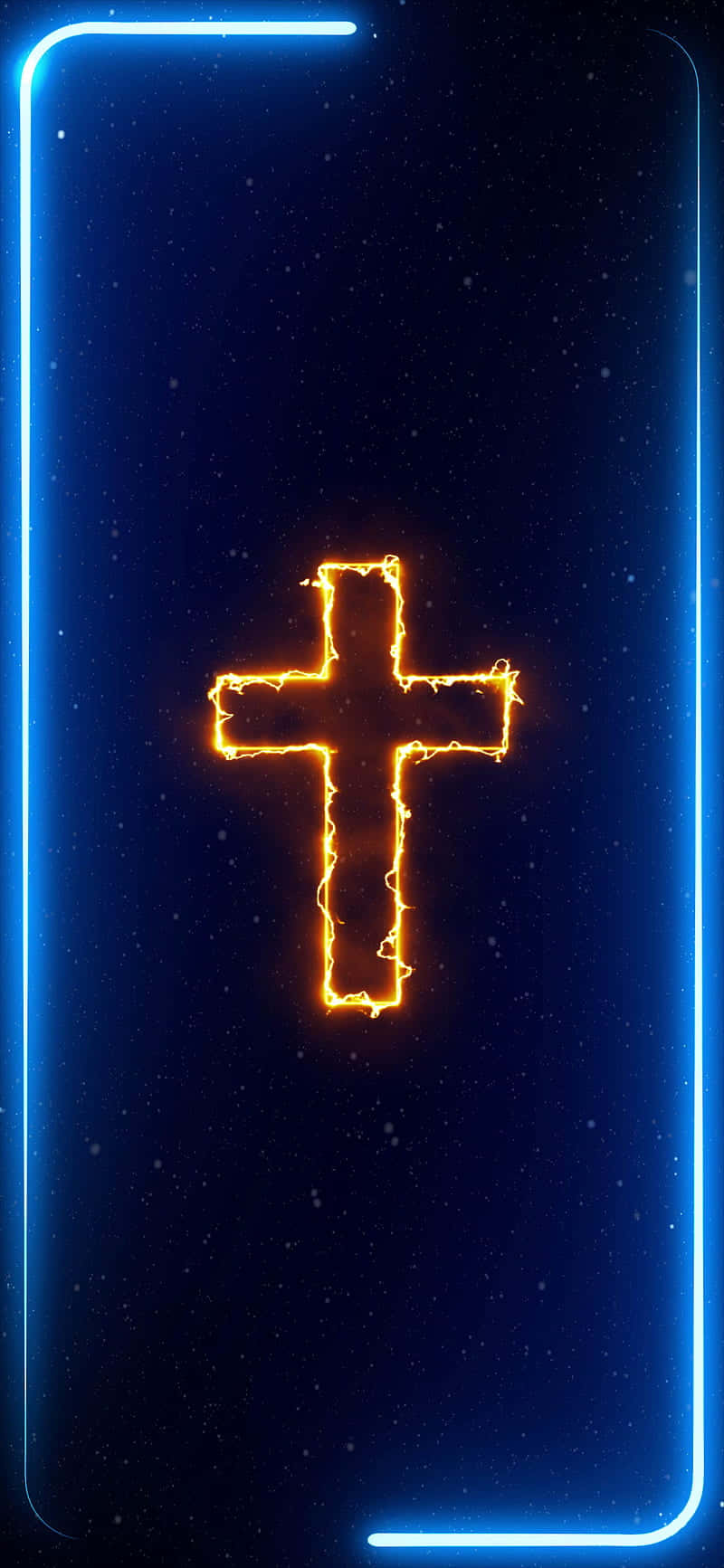 Jesus iPhone 桌布 壁紙 — 一個發光的橙色十字架，輪廓由電火構成，在藍色霓虹燈框內脈動，背景是星空宇宙。