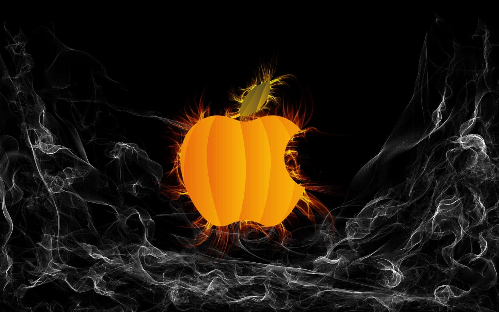 Halloween Macbook 桌布 壁紙 — 一個發光的橙色南瓜在黑色背景上散發出火熱的光芒，周圍環繞著旋轉的白煙。