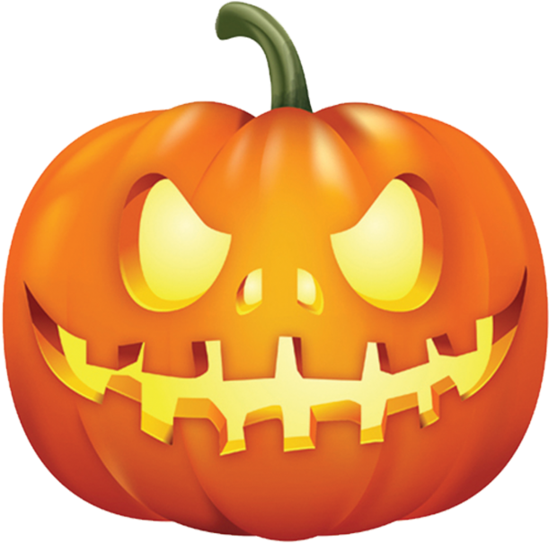 Pumpkin Halloween 桌布 壁紙 — 一個發光的橙色南瓜燈，帶有兇惡的笑容和發光的黃色眼睛，背景為黑色。