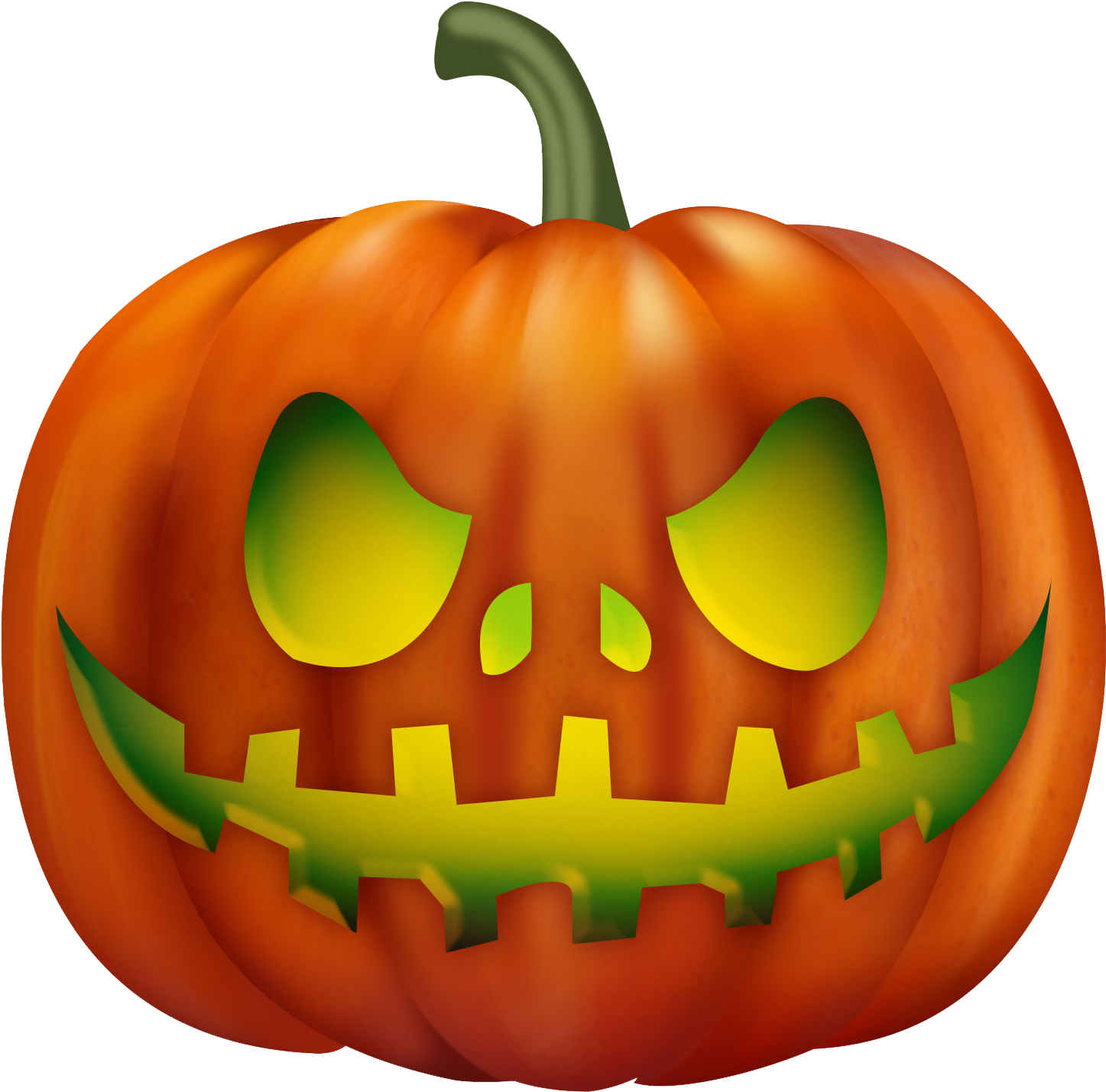 Pumpkin Halloween 桌布 壁紙 — 一個發光的橙色南瓜燈，帶有兇惡的笑容和綠色眼睛，背景為黑色。