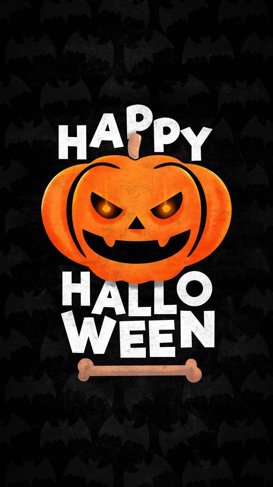Happy Halloween 桌布 壁紙 — 一個發光的橙色南瓜燈，帶有火熱的眼睛和露齒的笑容，位於粗體白色文字 'HAPPY HALLOWEEN' 下方，背景為黑色蝙蝠圖案。
