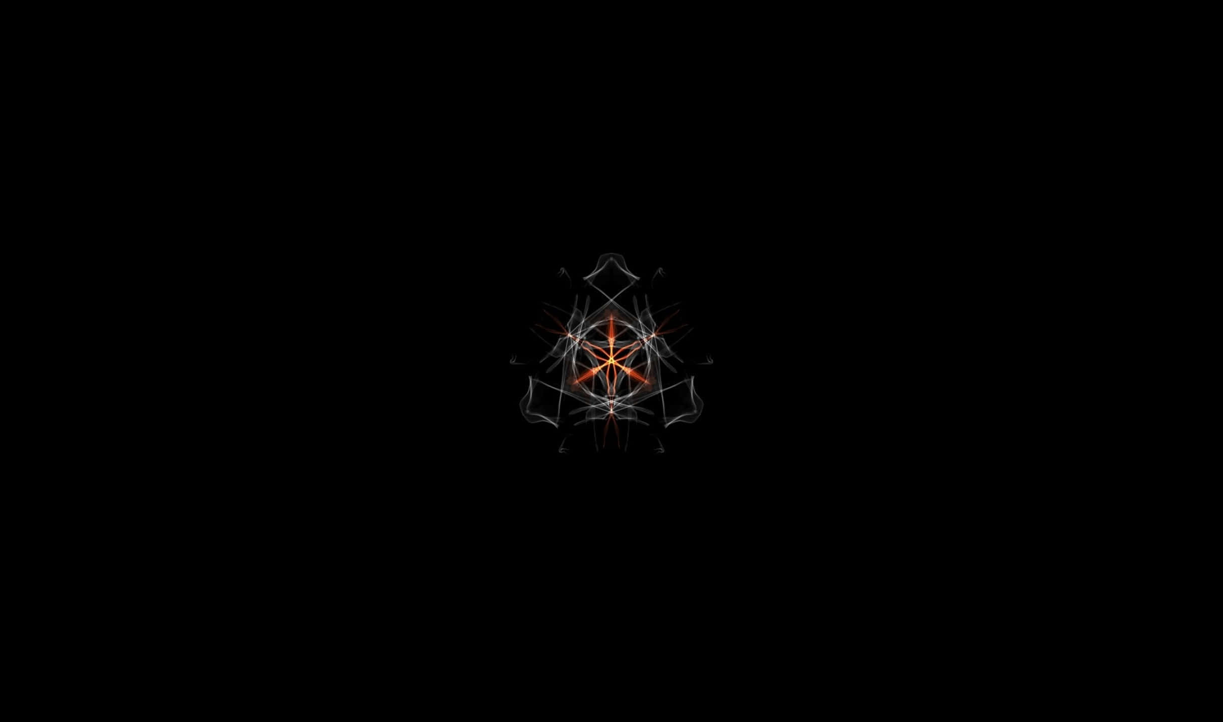 Line Vector 桌布 壁紙 — 一個發光的橙色和白色分形星爆在純黑色背景上輻射。