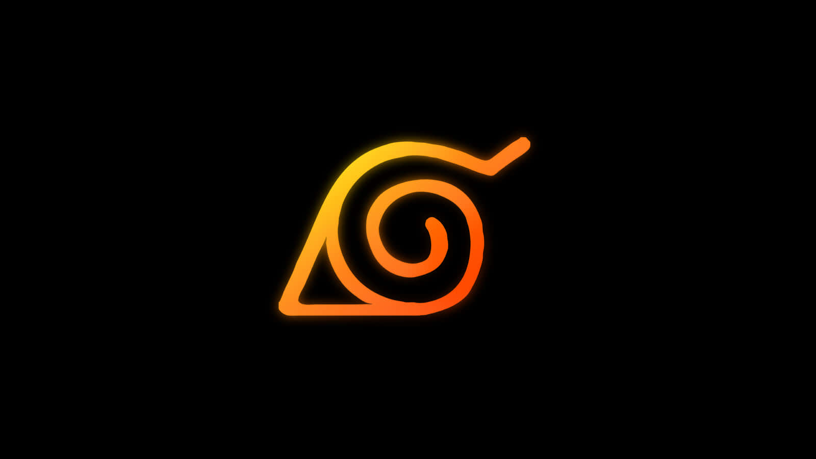 Konoha 桌布 壁紙 — 一個發光的橙色和黃色螺旋符號，以霓虹燈勾勒在黑色背景上。