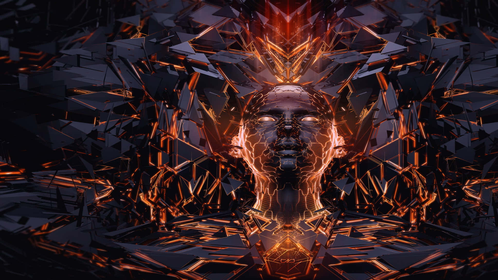 2048x1152 桌布 壁紙 — 一個發光的橙色和黑色幾何頭部從破碎的晶體碎片中浮現，在黑暗的數位空間中。