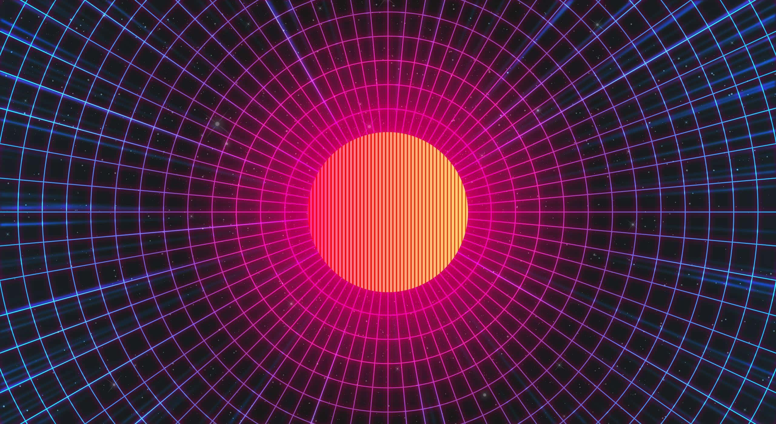 Retrowave 桌布 壁紙 — 一個發光的橙色圓圈在星空的黑色背景上的霓虹網格隧道中心脈動。