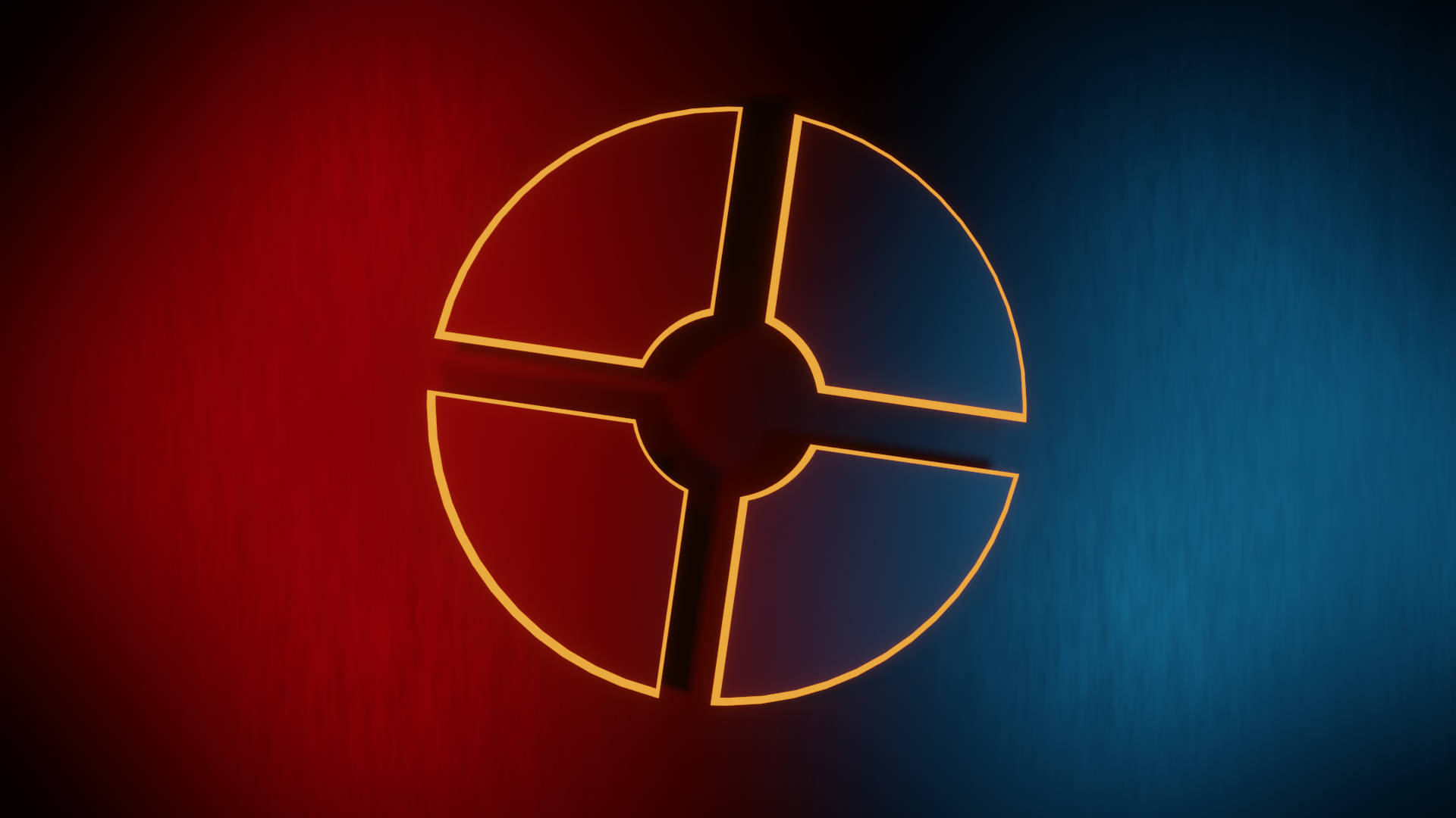 Tf2 Logo 桌布 壁紙 — 一個發光的橙色圓形目標符號，分為四個部分，將拉絲金屬表面分割成紅色和藍色漸變。