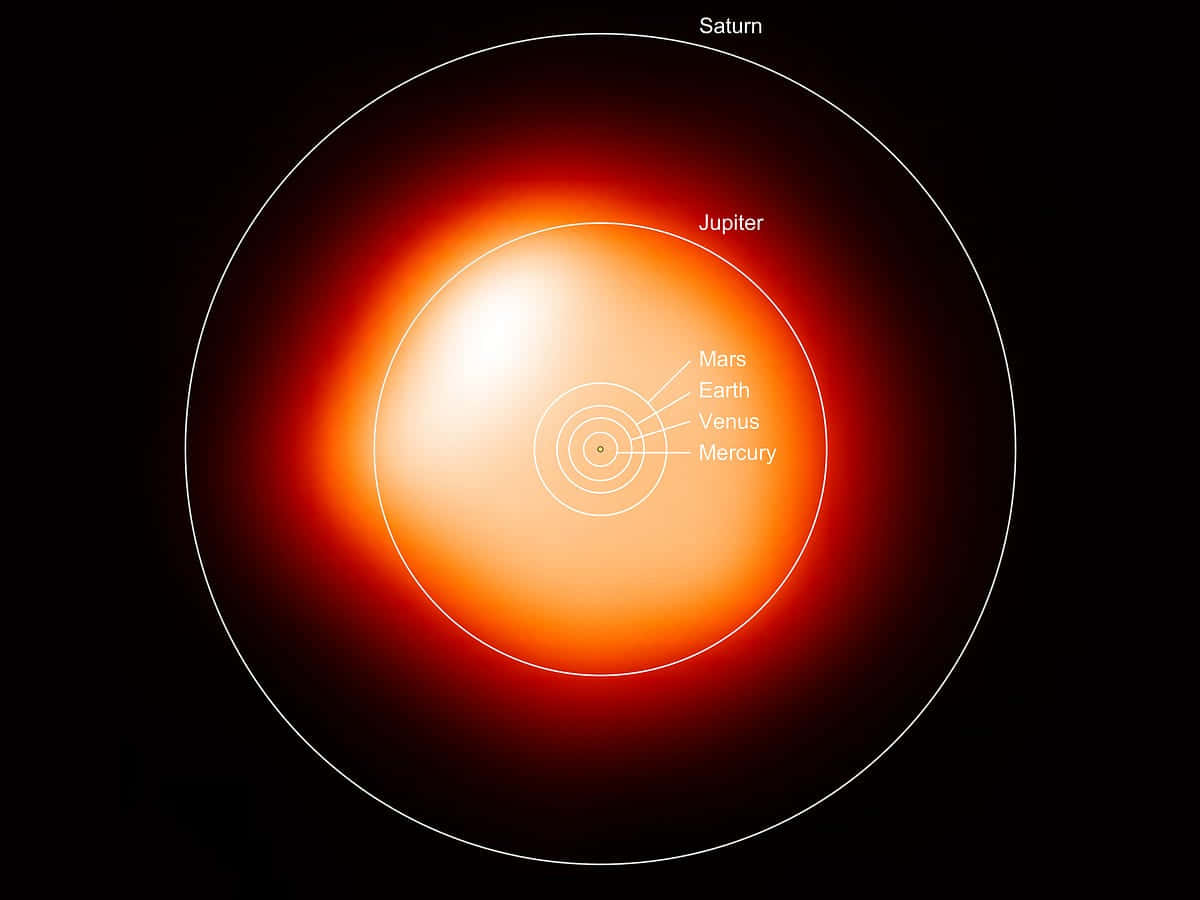 Red Giant 桌布 壁紙 — 一個發光的橙色太陽，帶有標記的水星、金星、地球、火星、木星和土星軌道，背景為黑色。