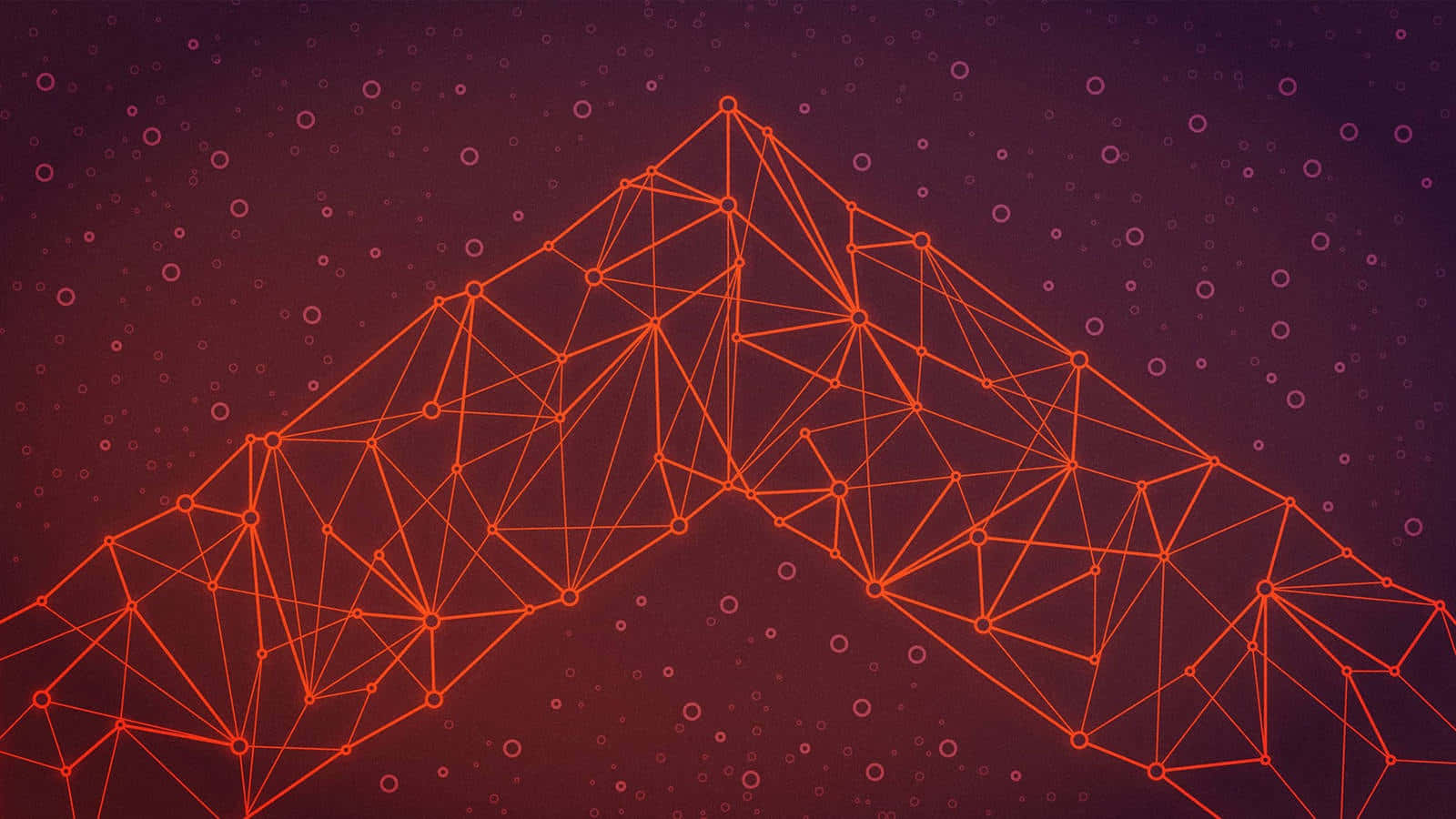 connected 桌布 壁紙 — 一個發光的橙色幾何山脈輪廓，由相互連接的點和線條構成，背景是深紫色的星空。