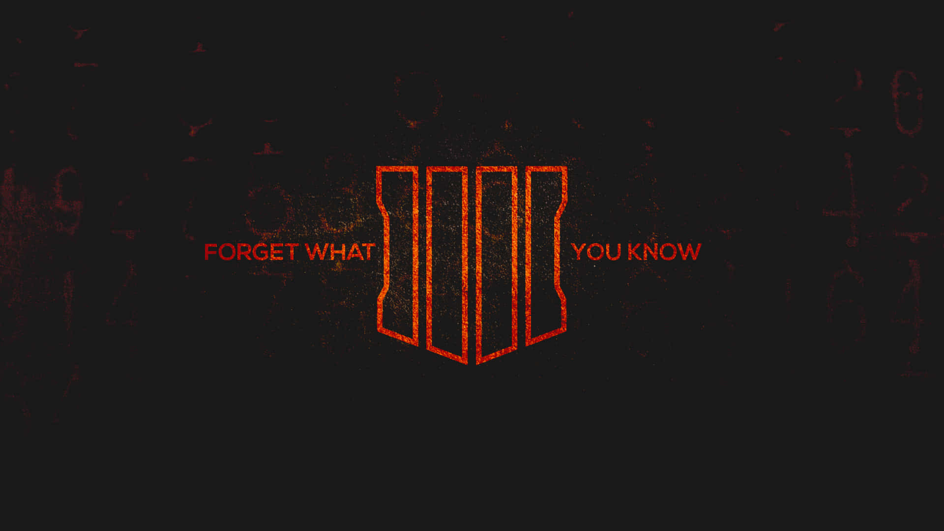 Best Call Of Duty Black Ops 4 桌布 壁紙 — 一個發光的橙色幾何標誌，上面有文字「FORGET WHAT YOU KNOW」，背景為深色紋理。