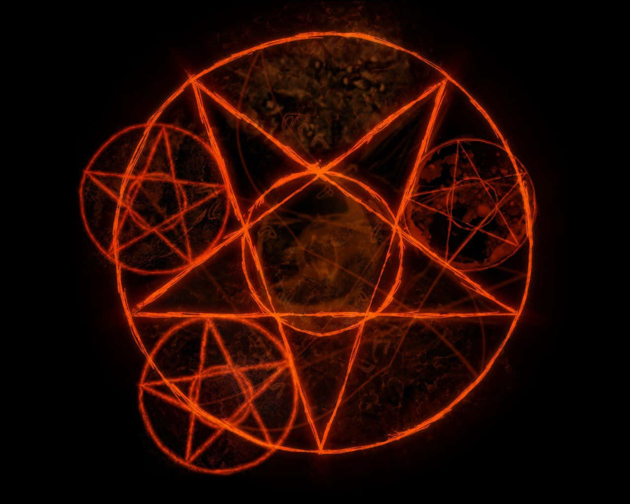 Dark Magic 桌布 壁紙 — 一個發光的橙色幾何符號，帶有相交的五角星和圓圈，在深色紋理背景上放射光芒。